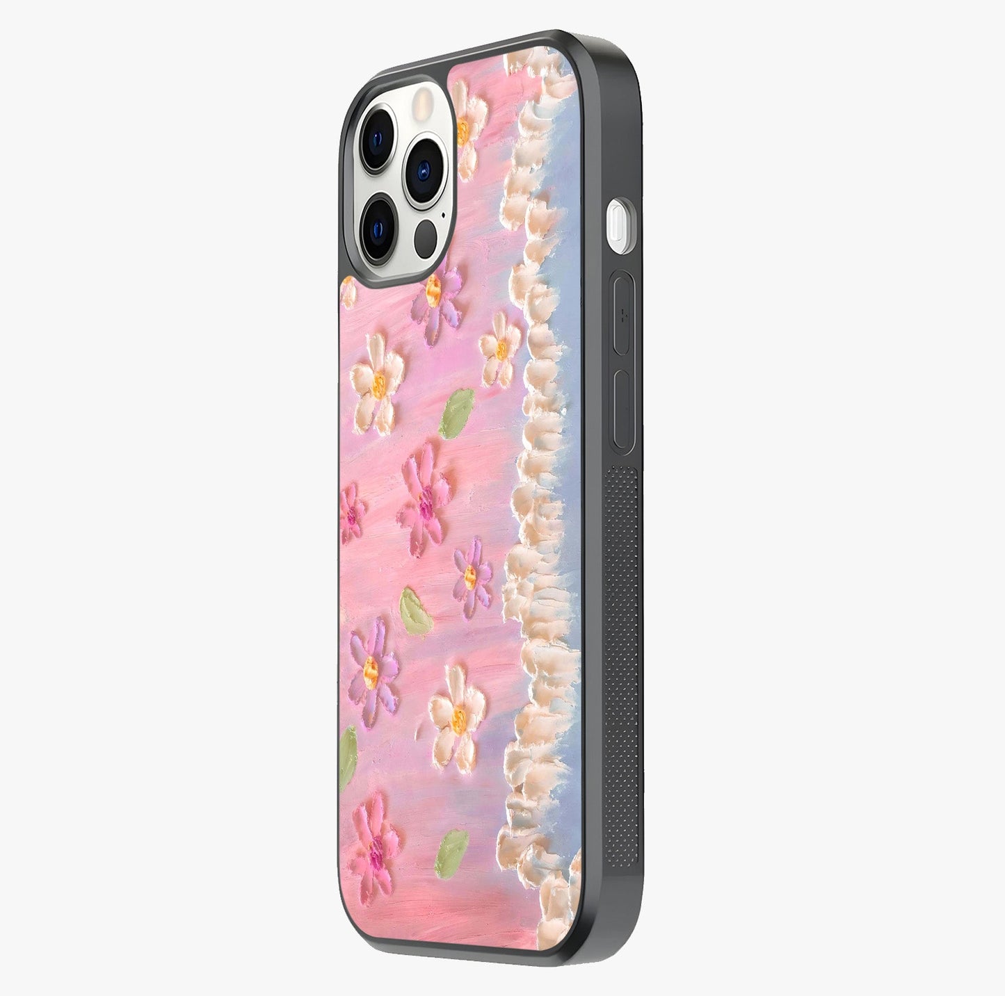 Dreamy Painted Garden Glass Case photographed in natural light showing reflective finish and design depth.