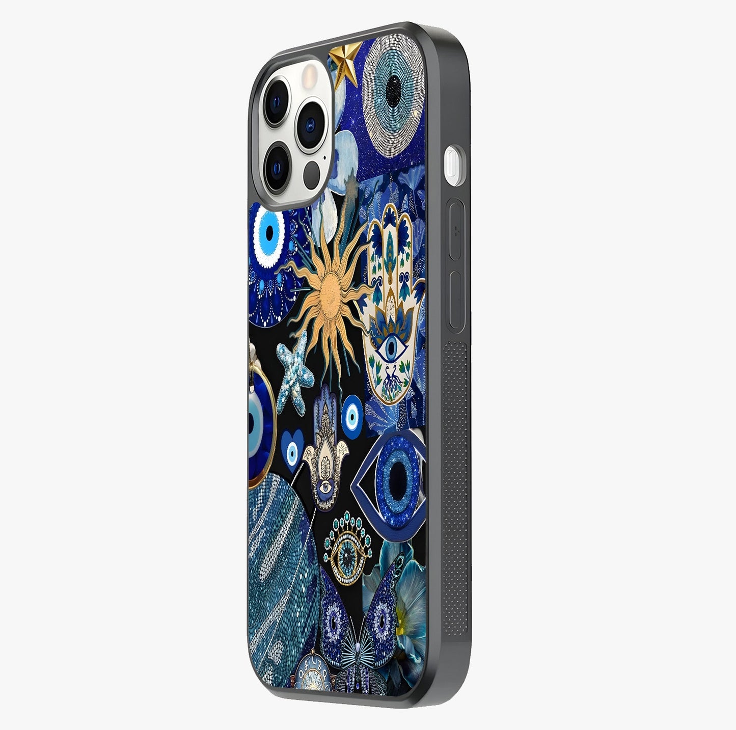 Evil Eye Charm Mix Glass Case photographed in natural light showing reflective finish and design depth.