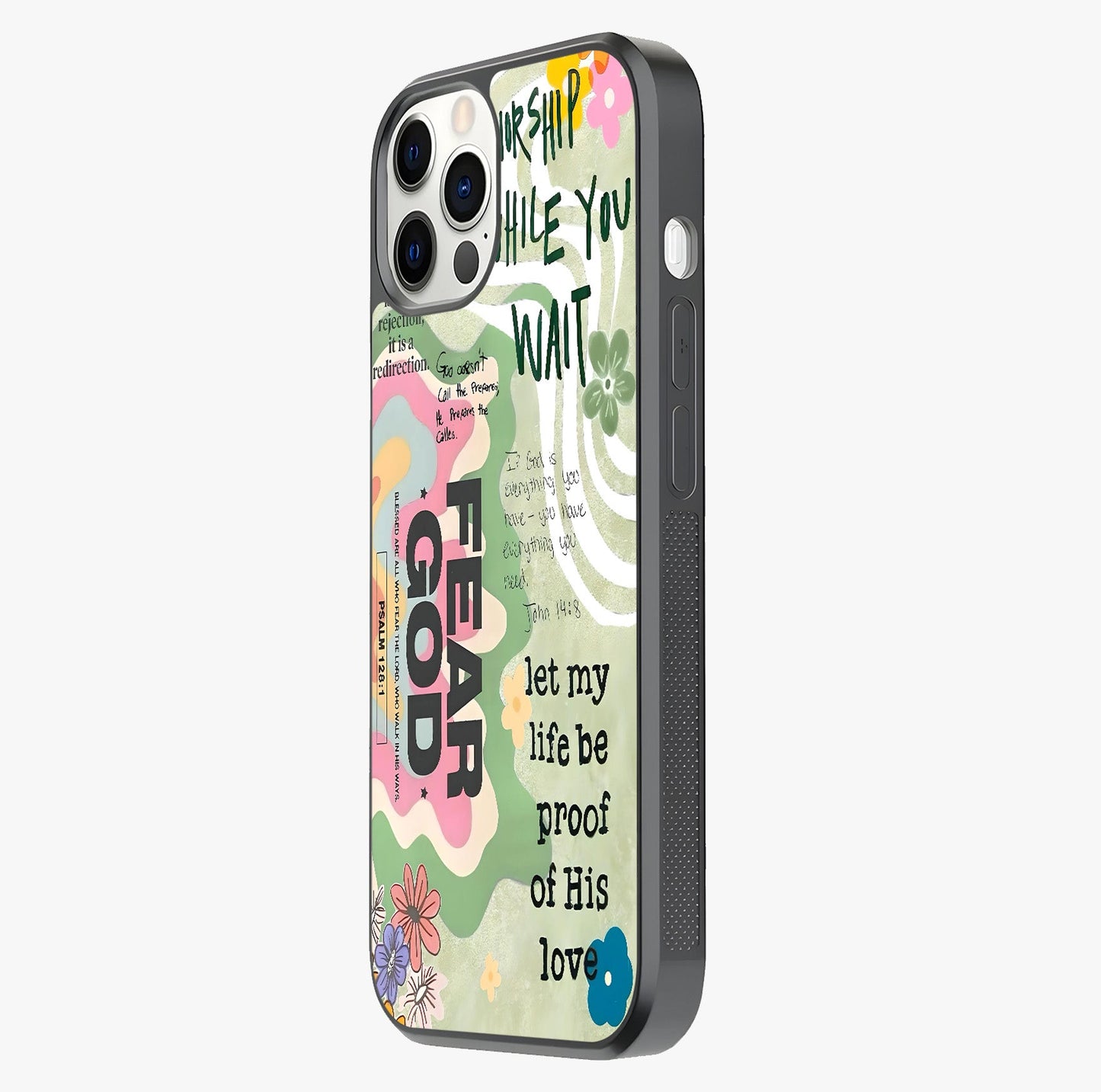 Faith Over Fear Glass Case photographed in natural light showing reflective finish and design depth.