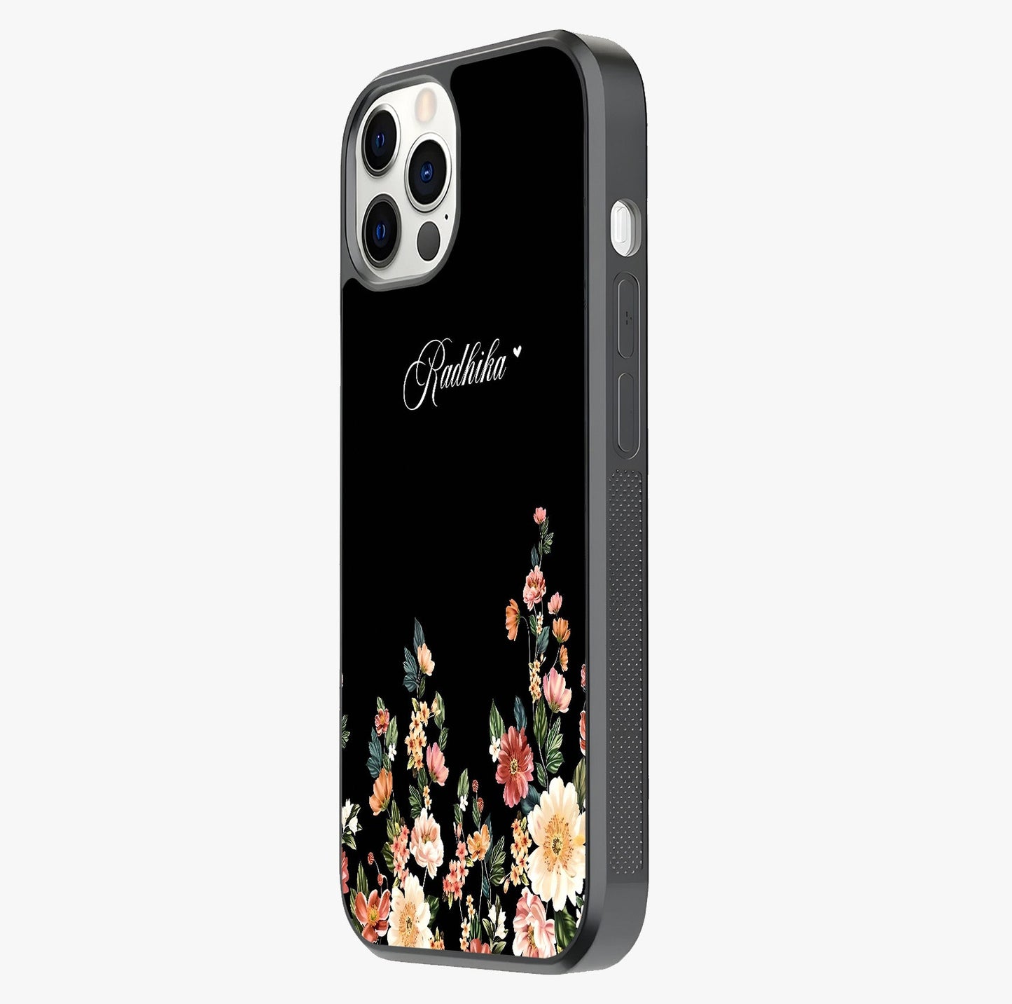 Floral Design With A Custom Personalized Name Glass Case photographed in natural light showing reflective finish and design depth.