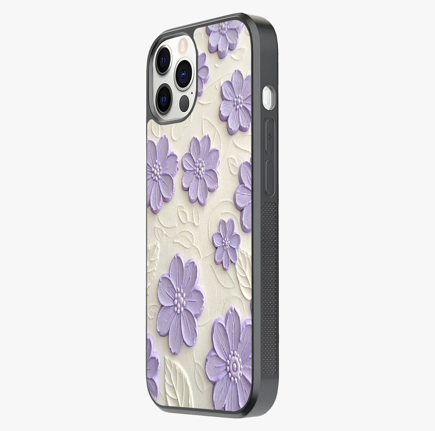 Floral Wall Art With Purple Flowers Glass Case photographed in natural light showing reflective finish and design depth.