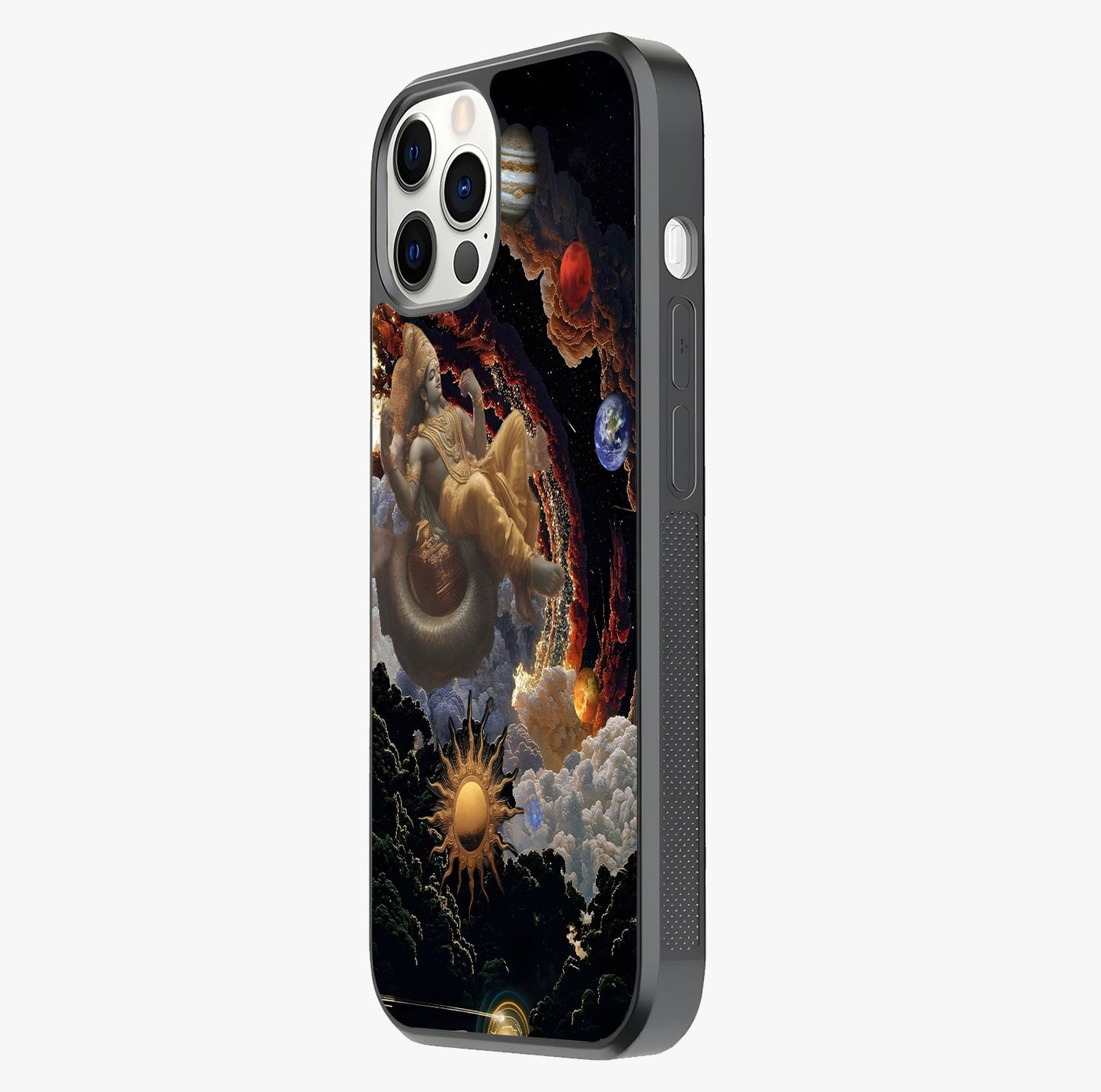 Galactic Divine God Glass Case photographed in natural light showing reflective finish and design depth.