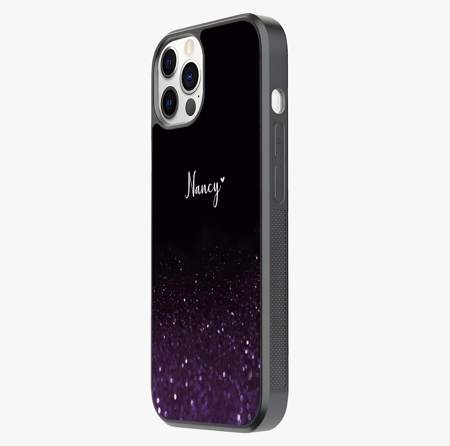 Glittery Purple Bokeh Custom Name Glass Case photographed in natural light showing reflective finish and design depth.