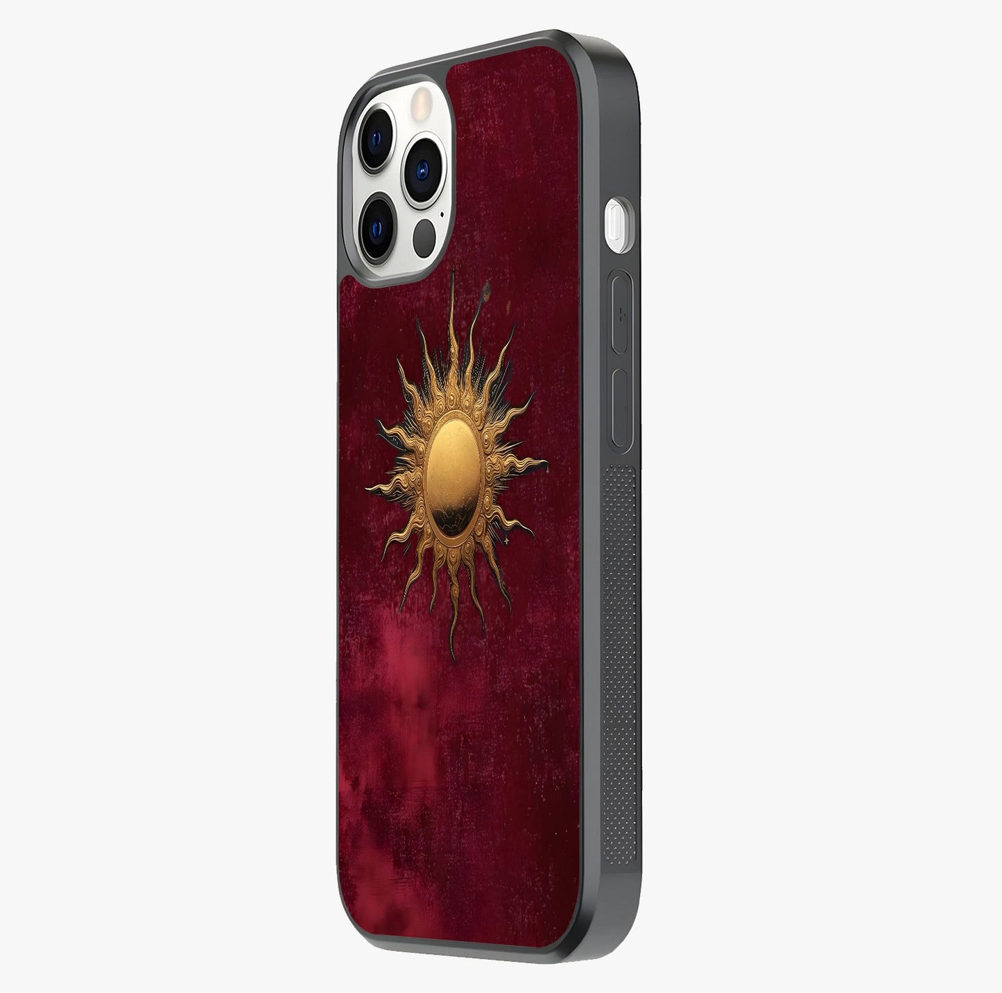 Gold Sun Blush Glass Case photographed in natural light showing reflective finish and design depth.