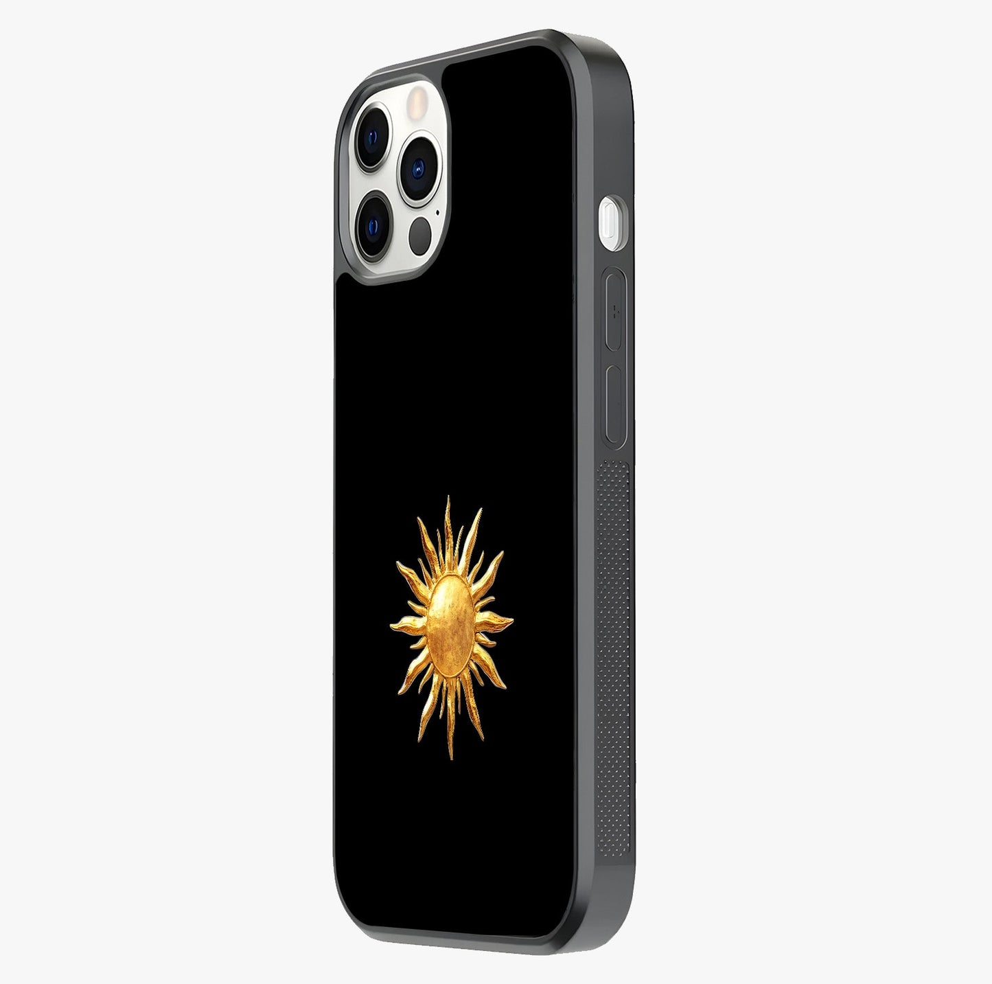 Golden Sun Minimalism Glass Case photographed in natural light showing reflective finish and design depth.