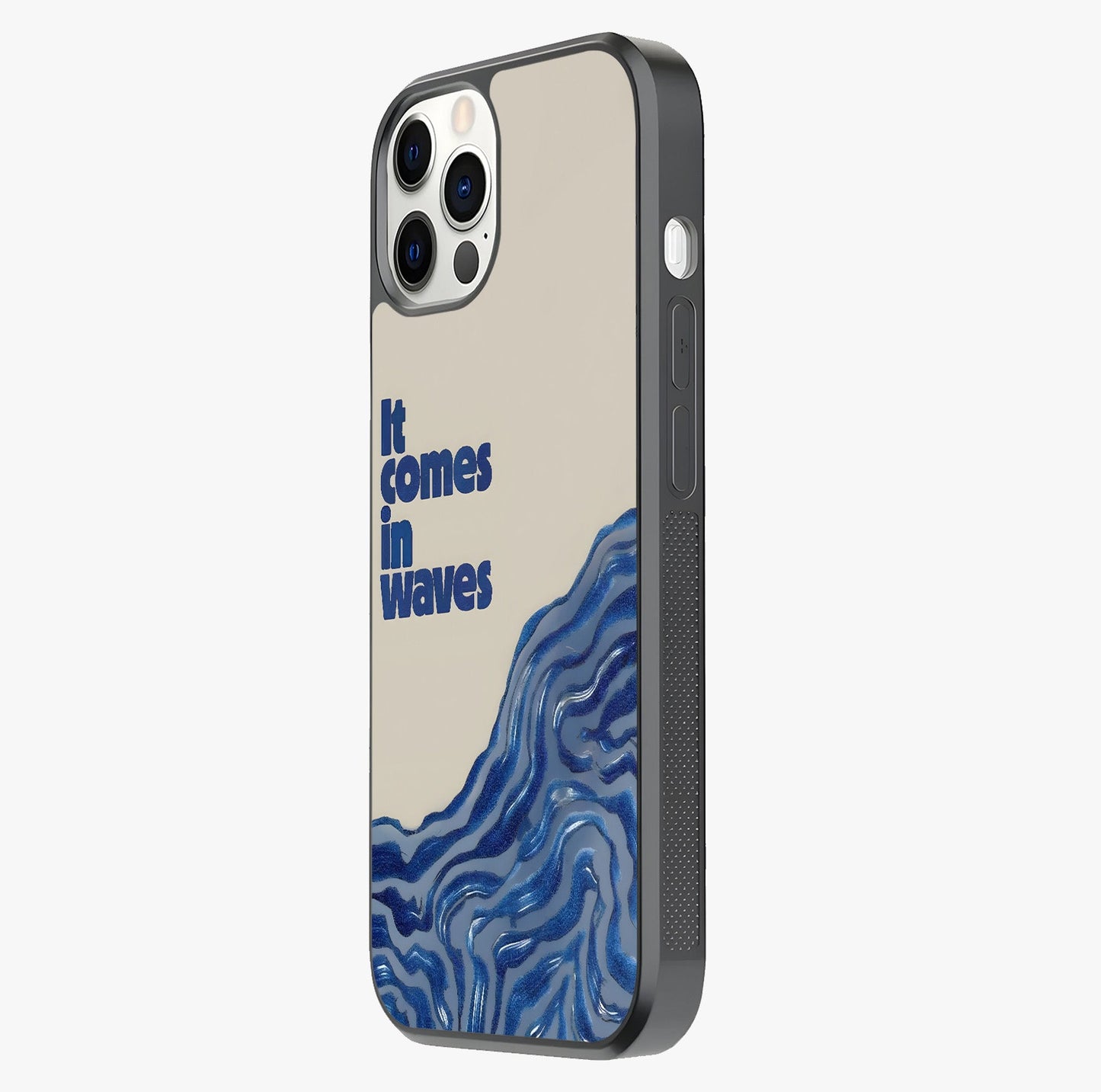 It Comes In Waves Quote Glass Case photographed in natural light showing reflective finish and design depth.