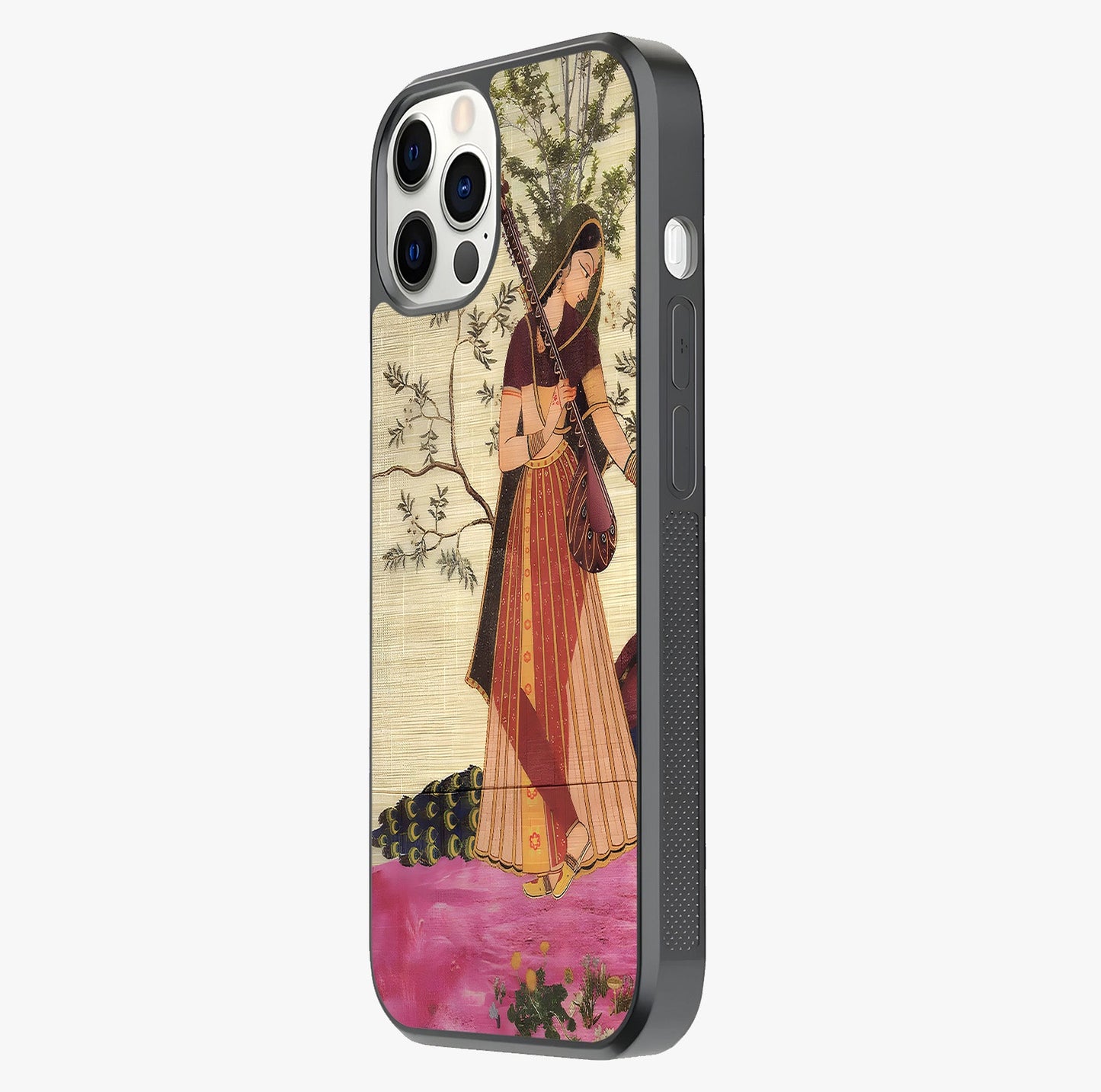 Lady With Veena Art Glass Case photographed in natural light showing reflective finish and design depth.