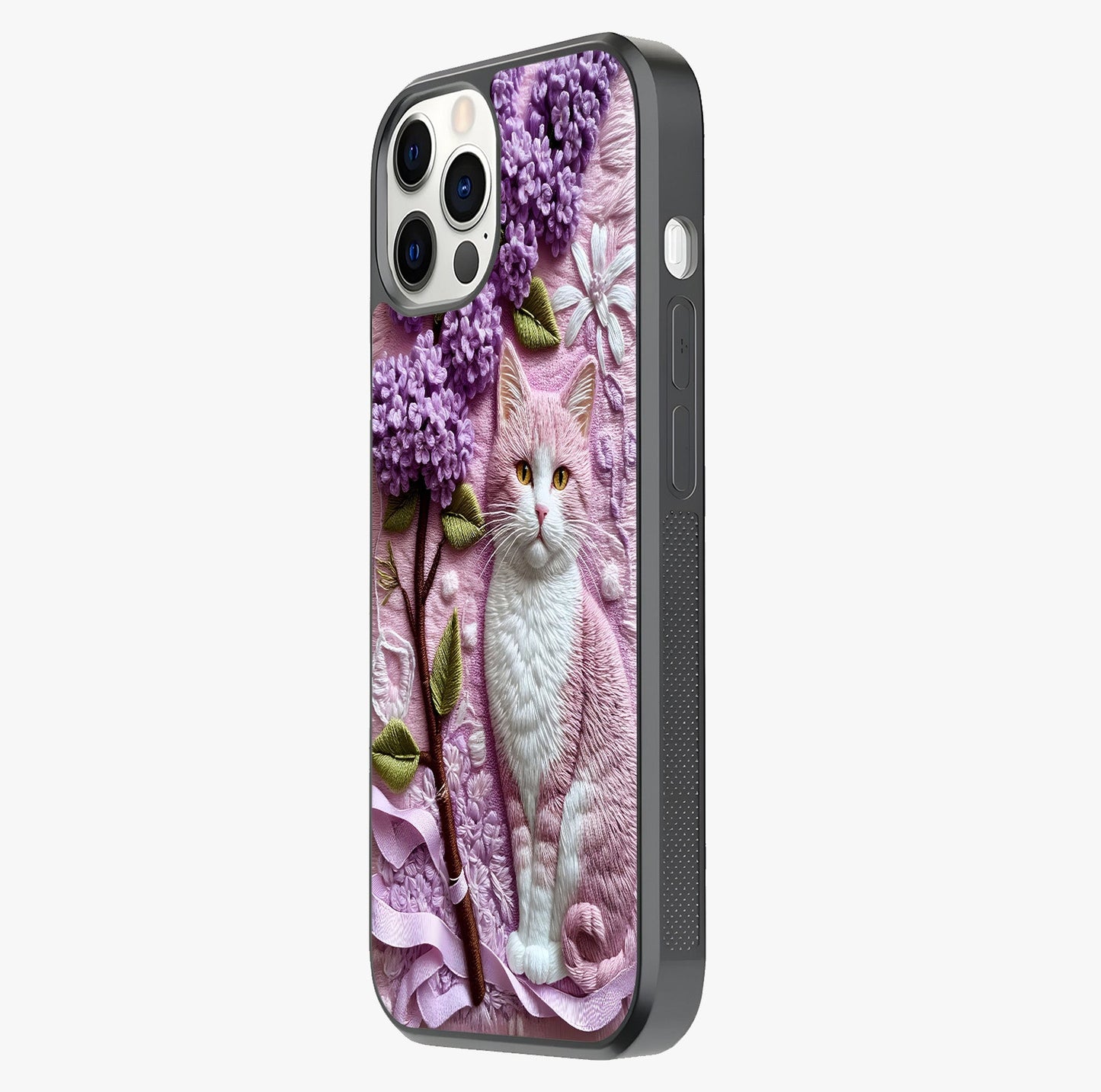 Lavender Cat Whimsy Glass Case photographed in natural light showing reflective finish and design depth.