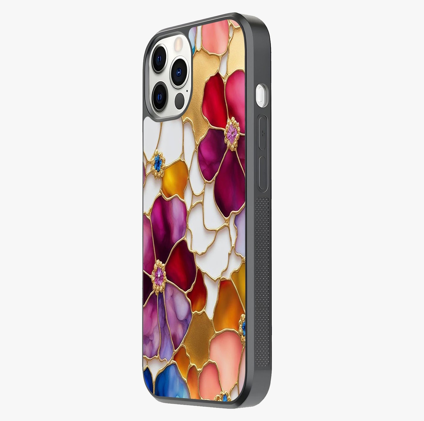 Marble Flower Pattern Glass Case photographed in natural light showing reflective finish and design depth.