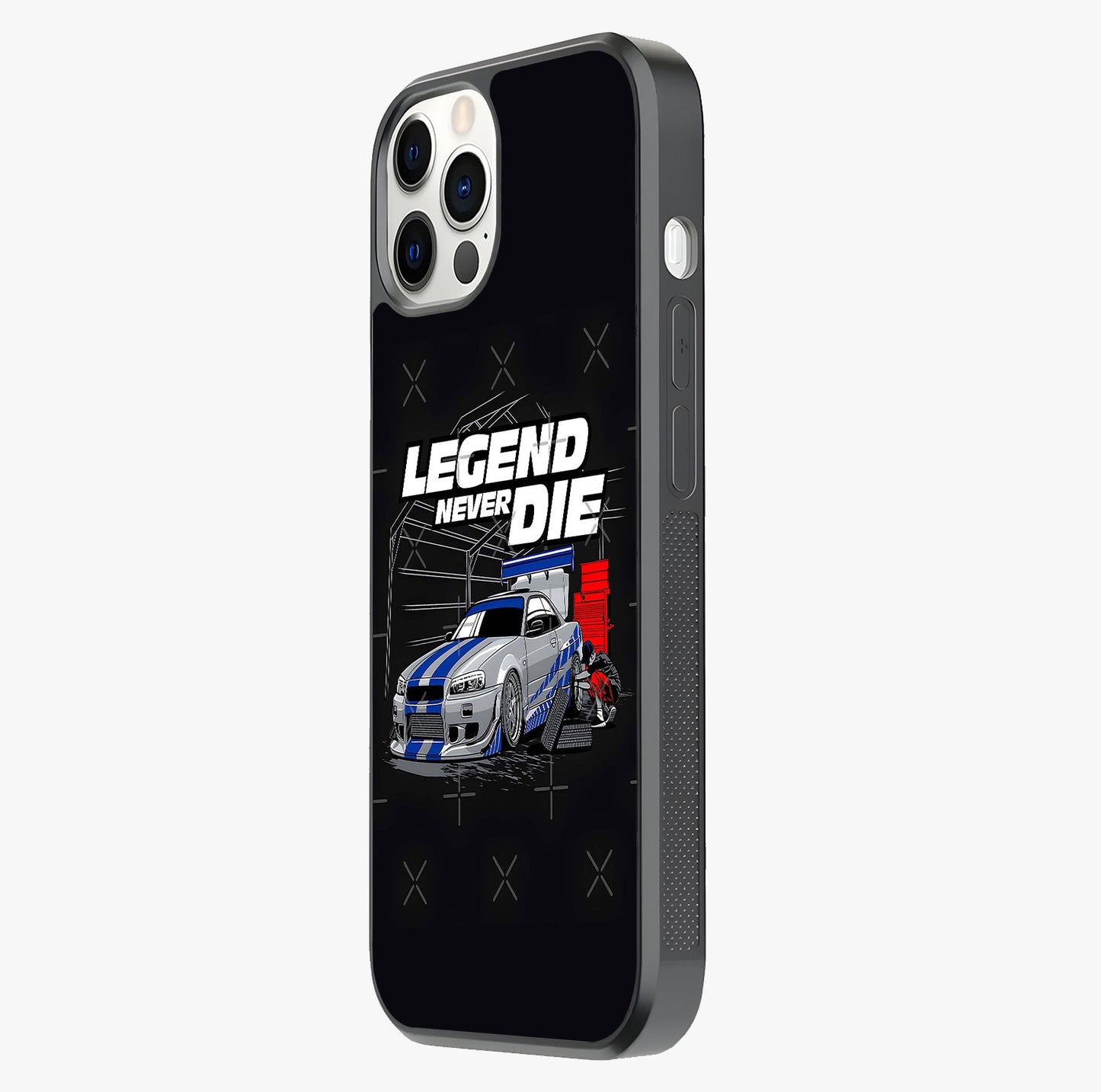 Midnight Racing Legacy Glass Case photographed in natural light showing reflective finish and design depth.