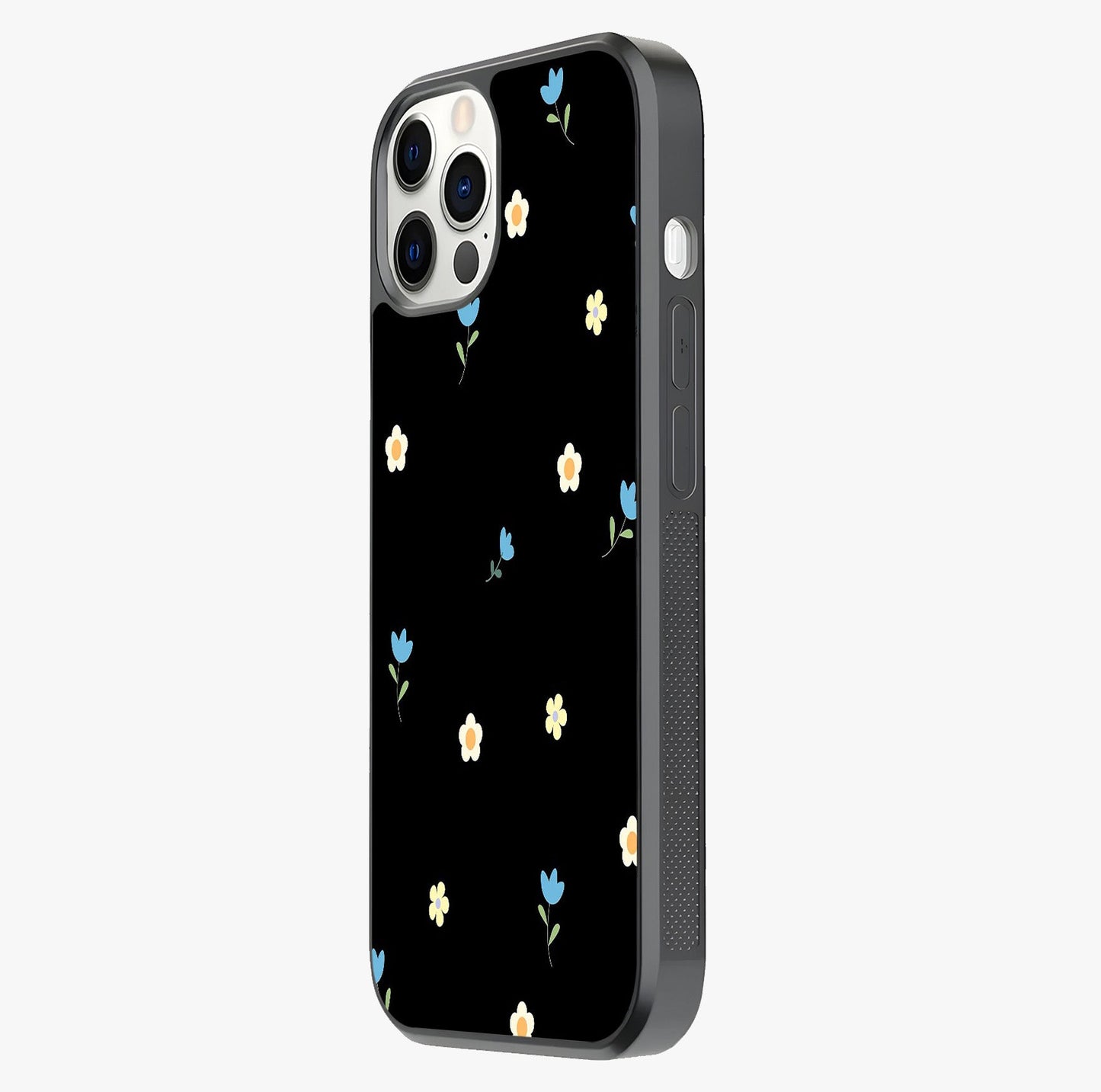 Minimalistic Blue With White Flower Pattern Glass Case photographed in natural light showing reflective finish and design depth.