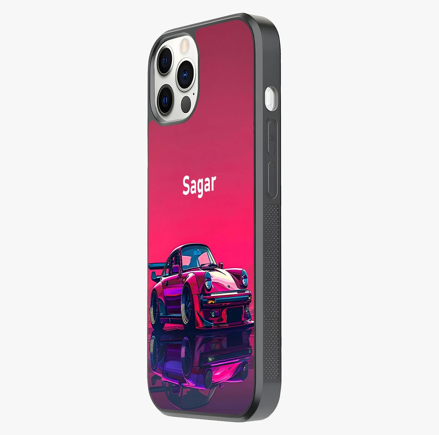 Neon Pink Porsche Glass Case photographed in natural light showing reflective finish and design depth.