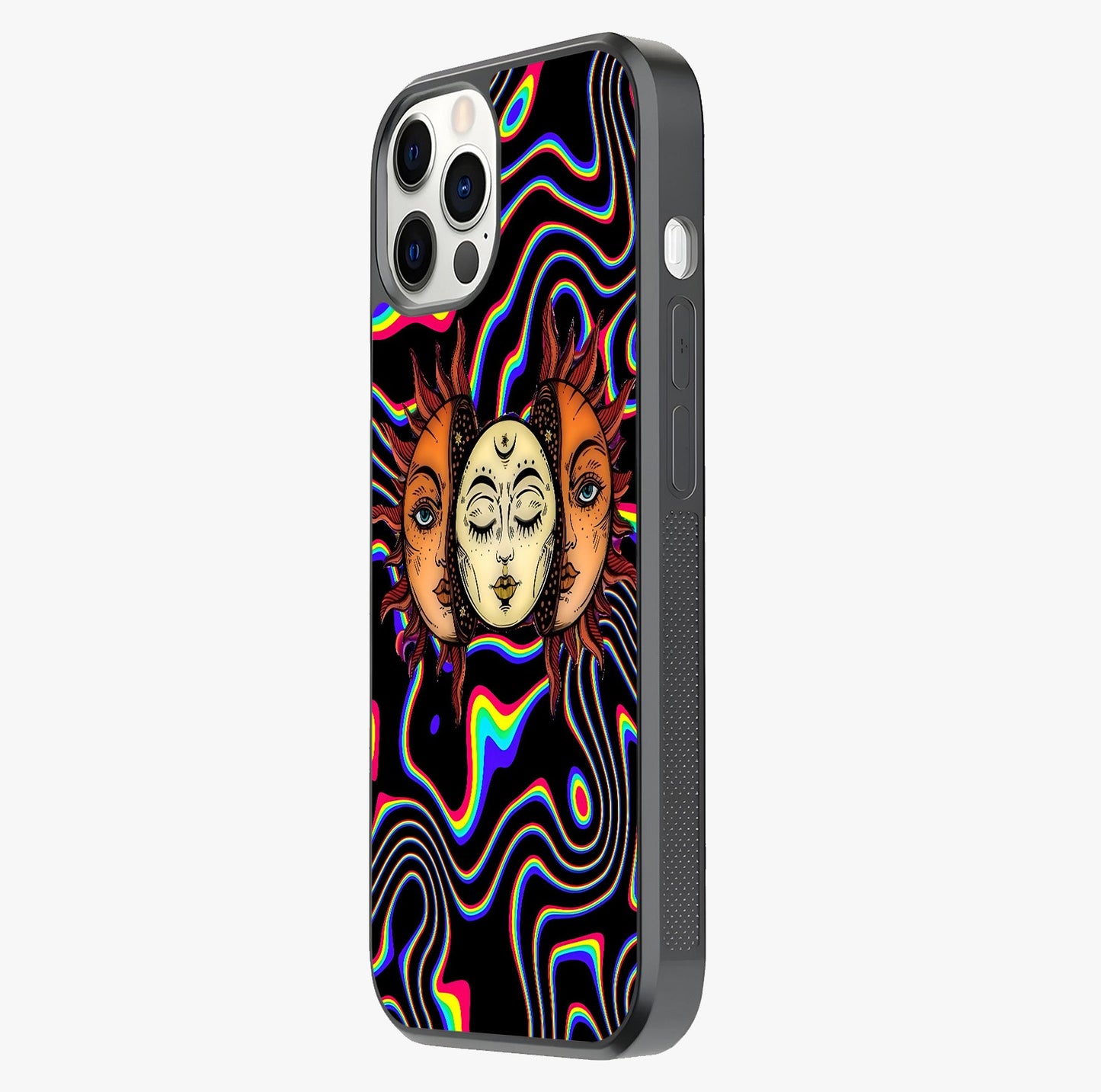 Psychedelic Sun Glass Case photographed in natural light showing reflective finish and design depth.
