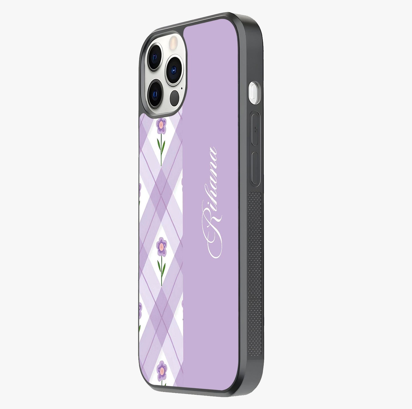 Purple Diamond Floral Glass Case photographed in natural light showing reflective finish and design depth.