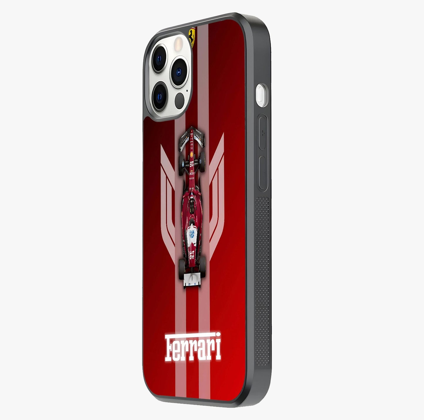 Red Ferrari F1 Vertical Glass Case photographed in natural light showing reflective finish and design depth.