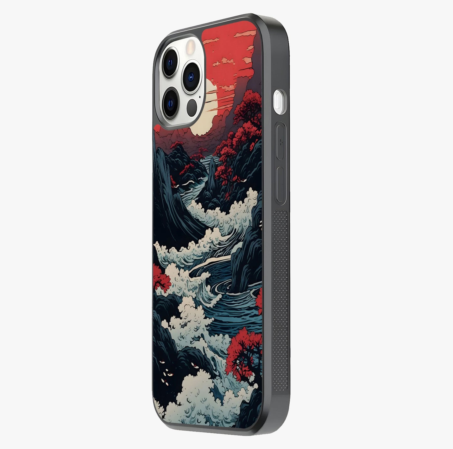 Red Sunset Scenery Glass Case photographed in natural light showing reflective finish and design depth.