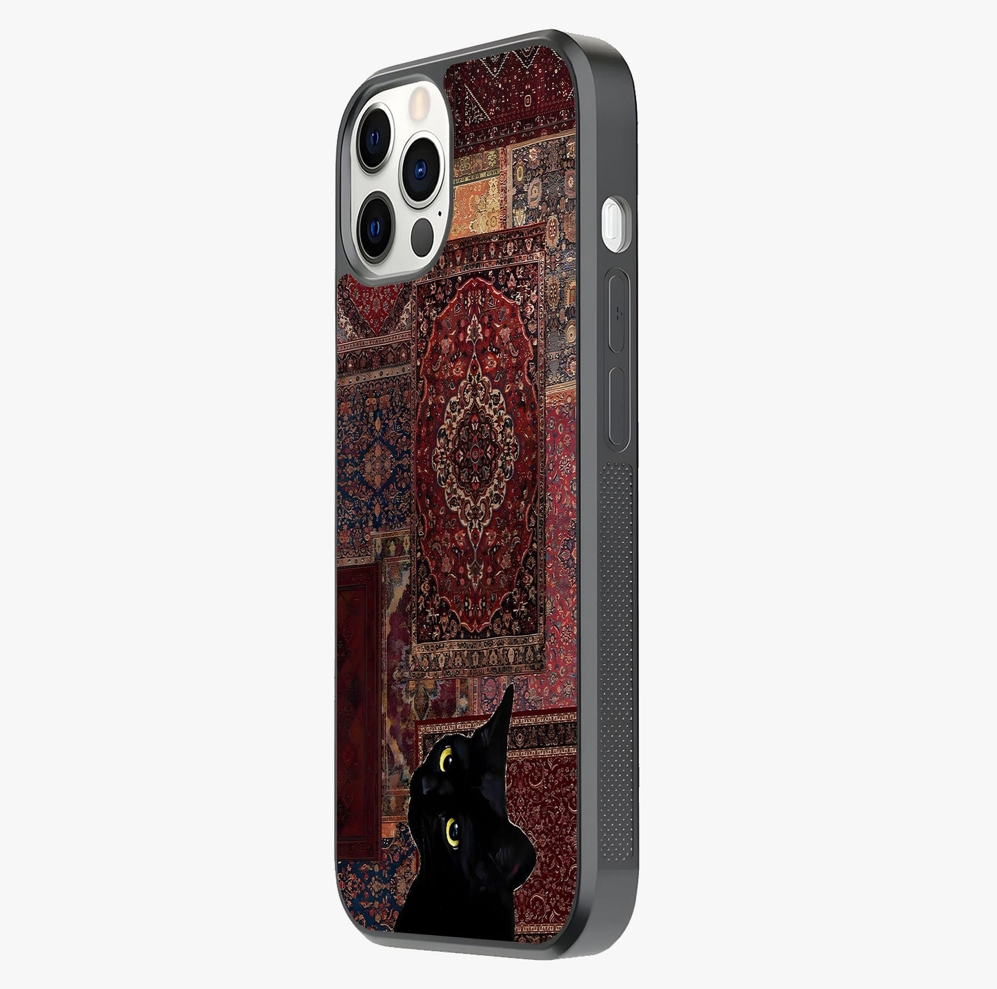 Regal Magic Cat Apple Glass Case photographed in natural light showing reflective finish and design depth.