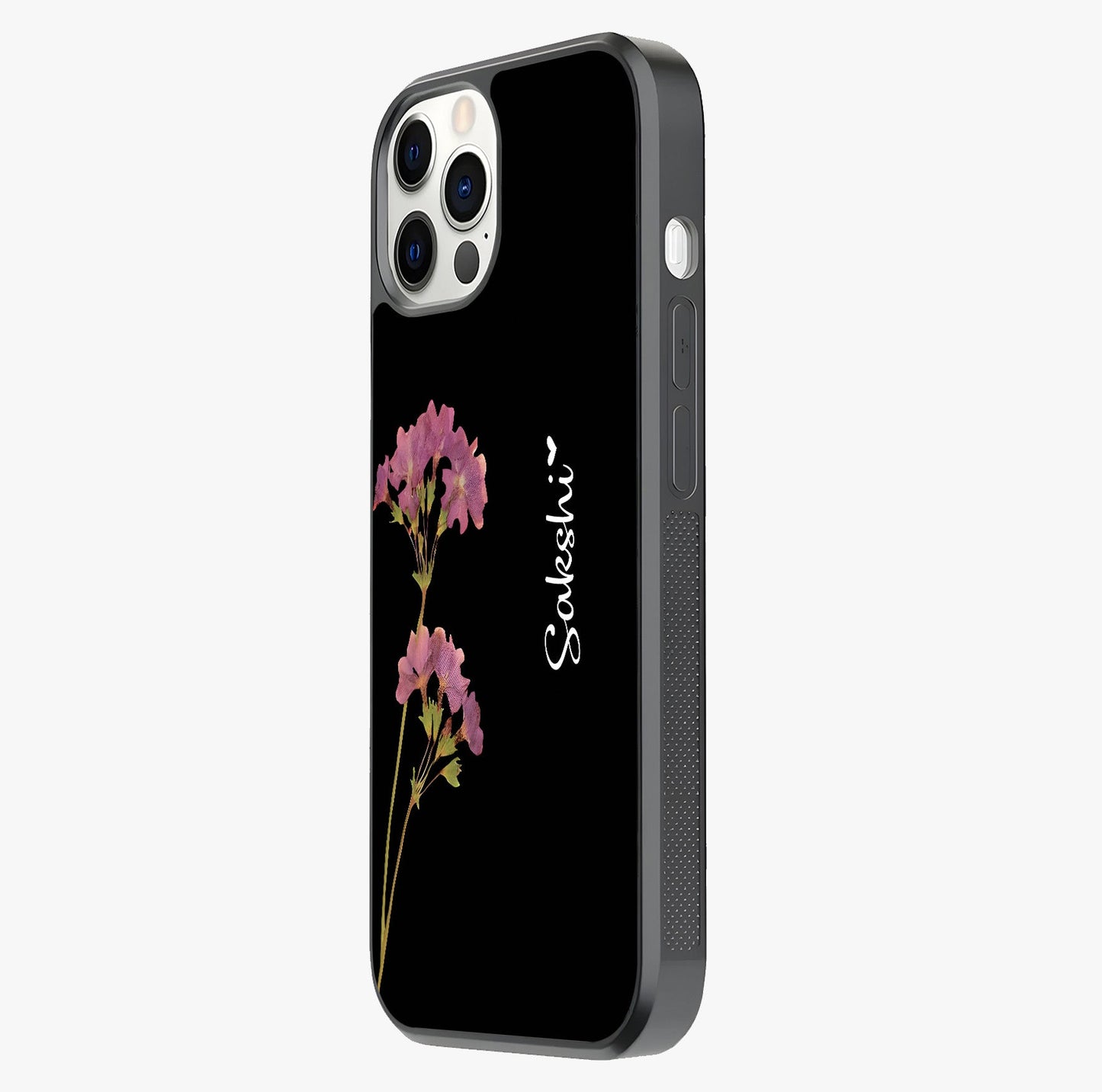 Riching Lavender Flower Custom Name Glass Case photographed in natural light showing reflective finish and design depth.
