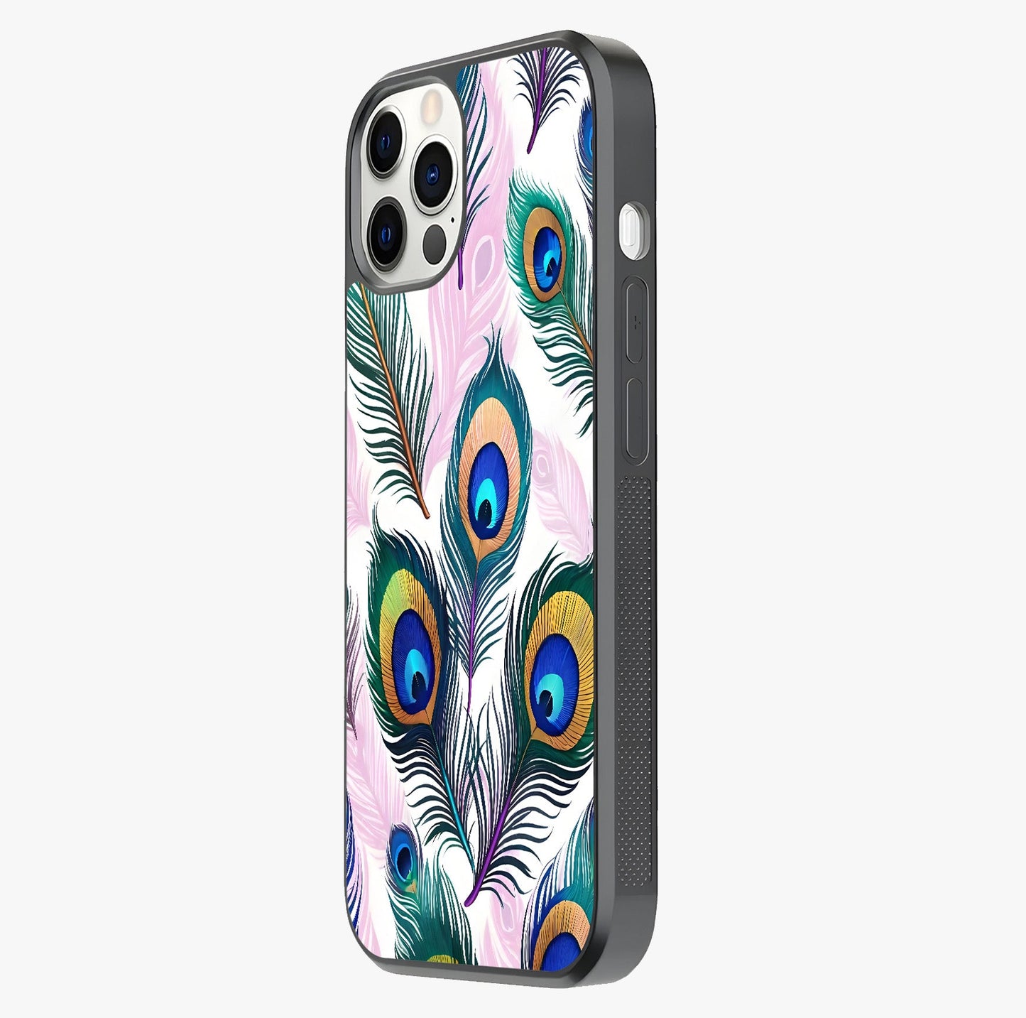 Royal Peacock Feathers Glass Case photographed in natural light showing reflective finish and design depth.
