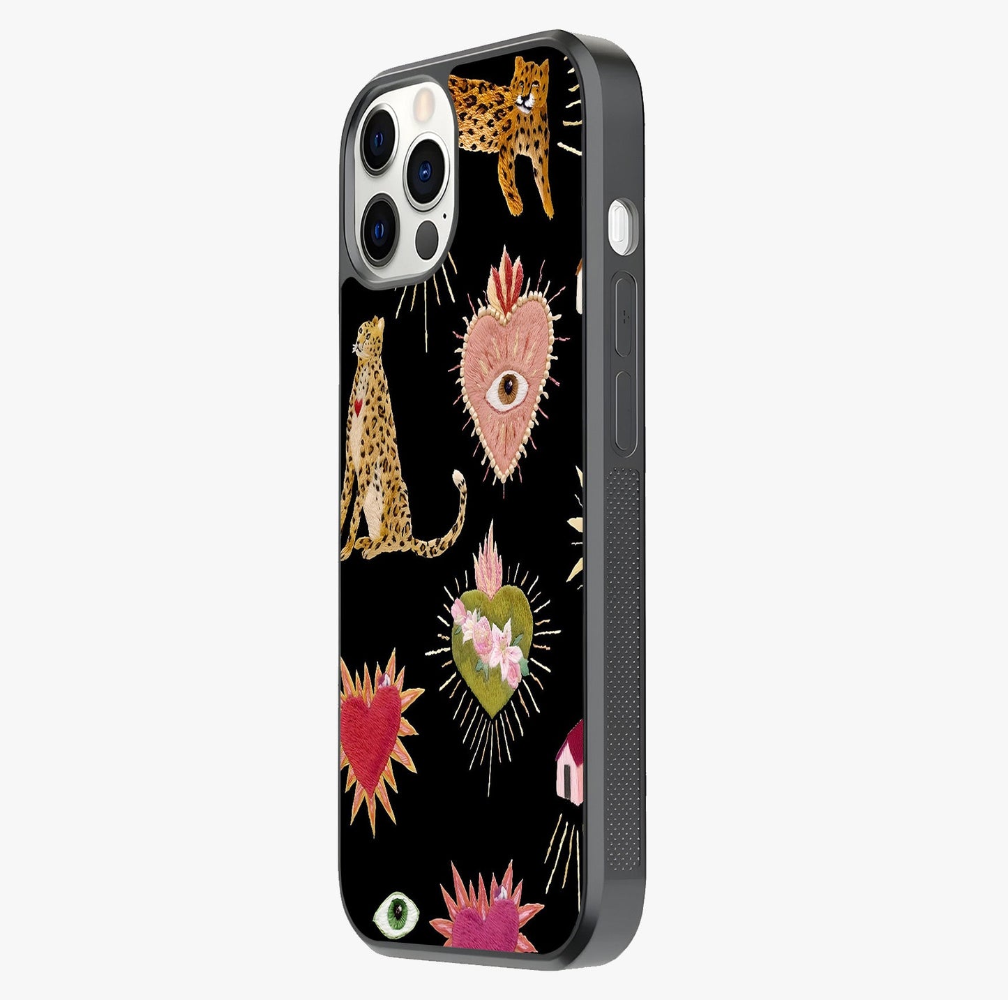 Sacred Jungle Heart Glass Case photographed in natural light showing reflective finish and design depth.