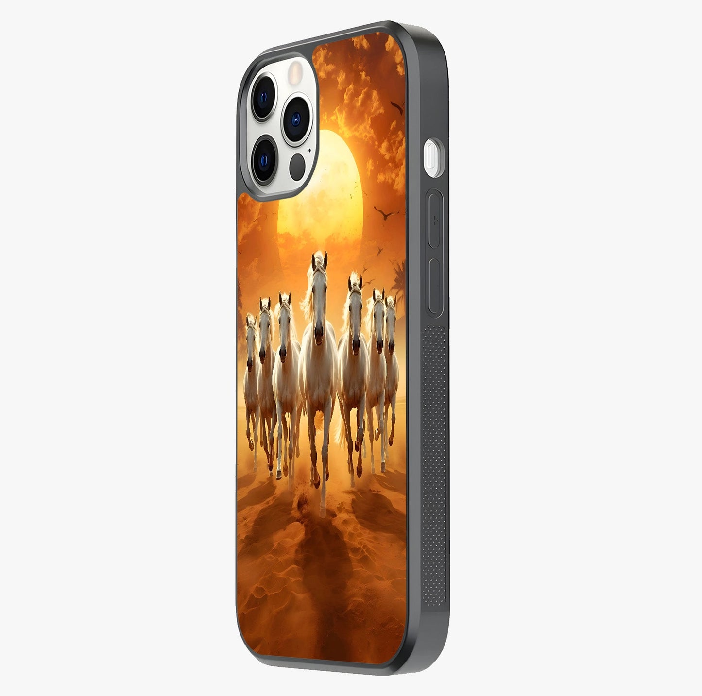 Wild Sunset Majesty Glass Case photographed in natural light showing reflective finish and design depth.