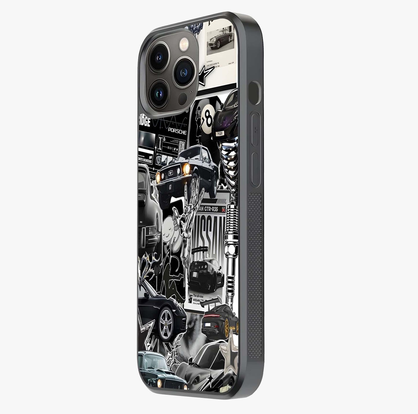 Aesthetic Dark Love Glass Case photographed in natural light showing reflective finish and design depth.