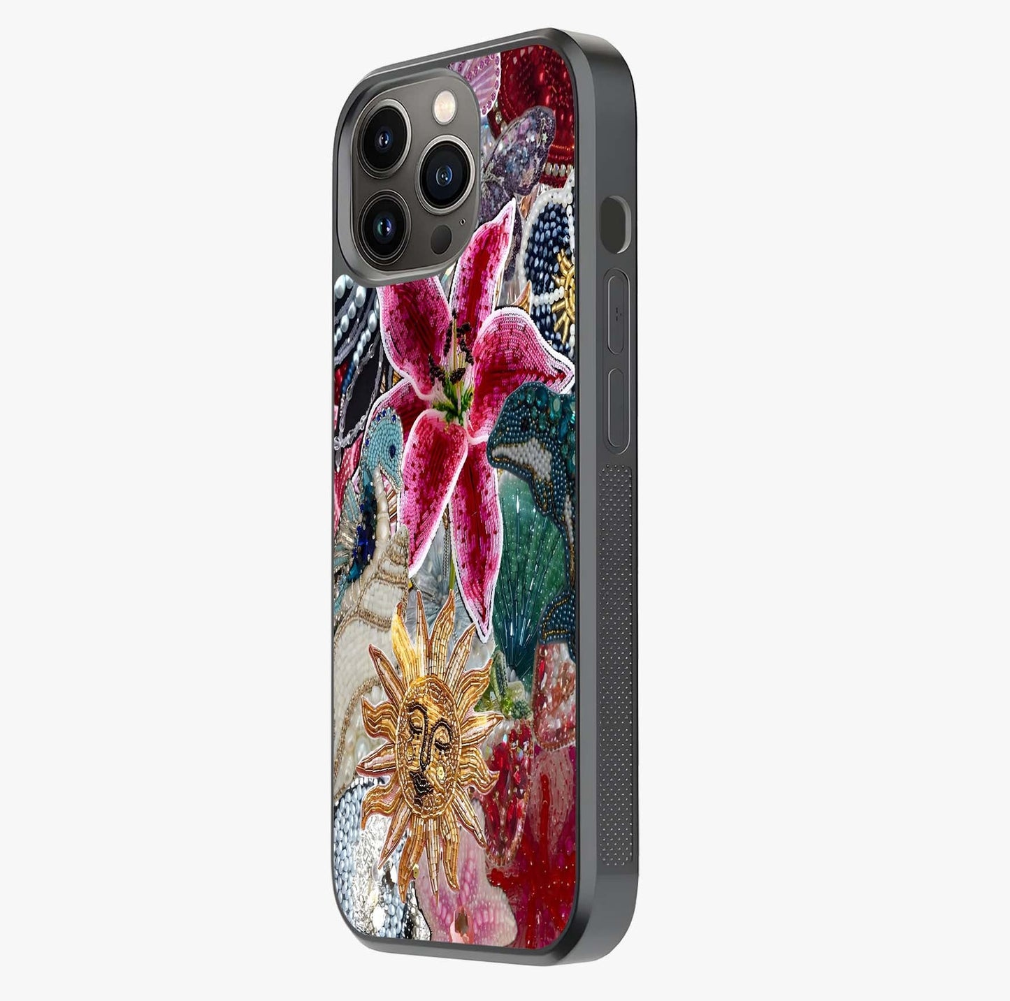 Beaded Garden Fantasy Glass Case photographed in natural light showing reflective finish and design depth.