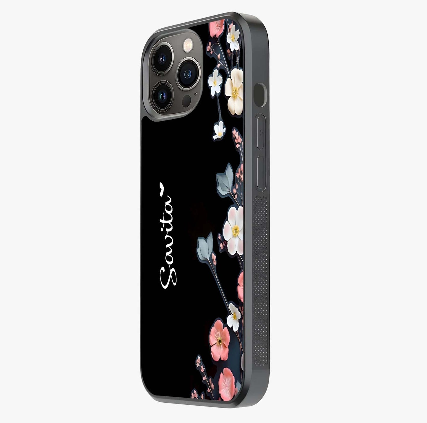 Black Elegance Floral Custom Name Glass Case photographed in natural light showing reflective finish and design depth.