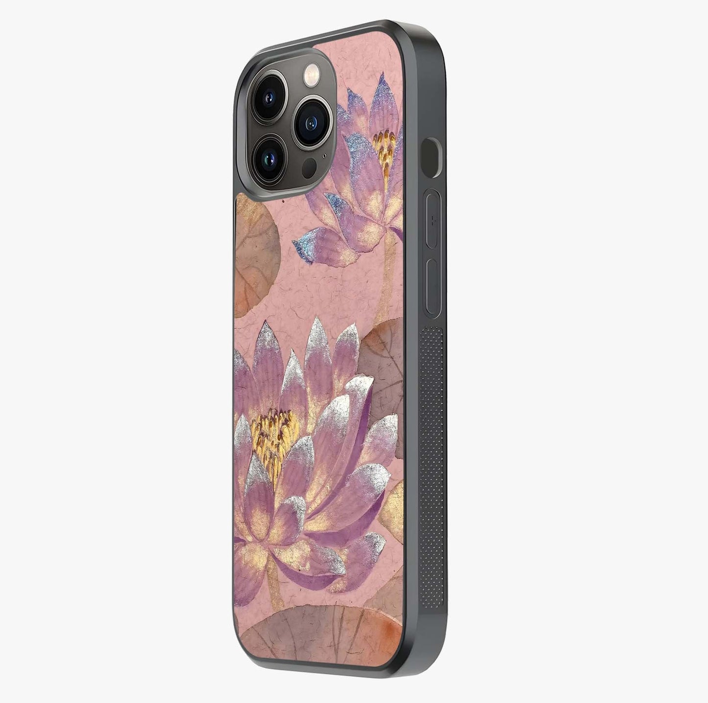 Blossom Mist Lotus Glass Case photographed in natural light showing reflective finish and design depth.