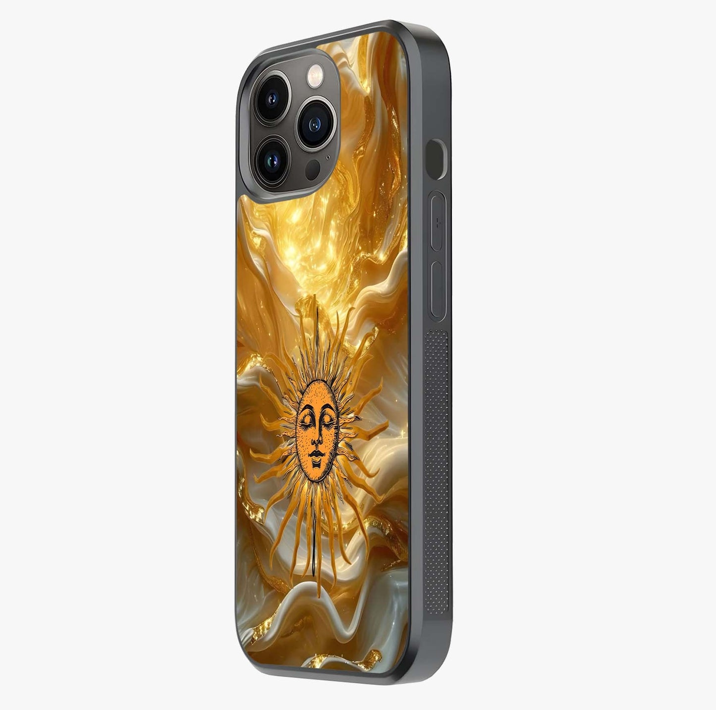 Eternal Golden Glow Glass Case photographed in natural light showing reflective finish and design depth.