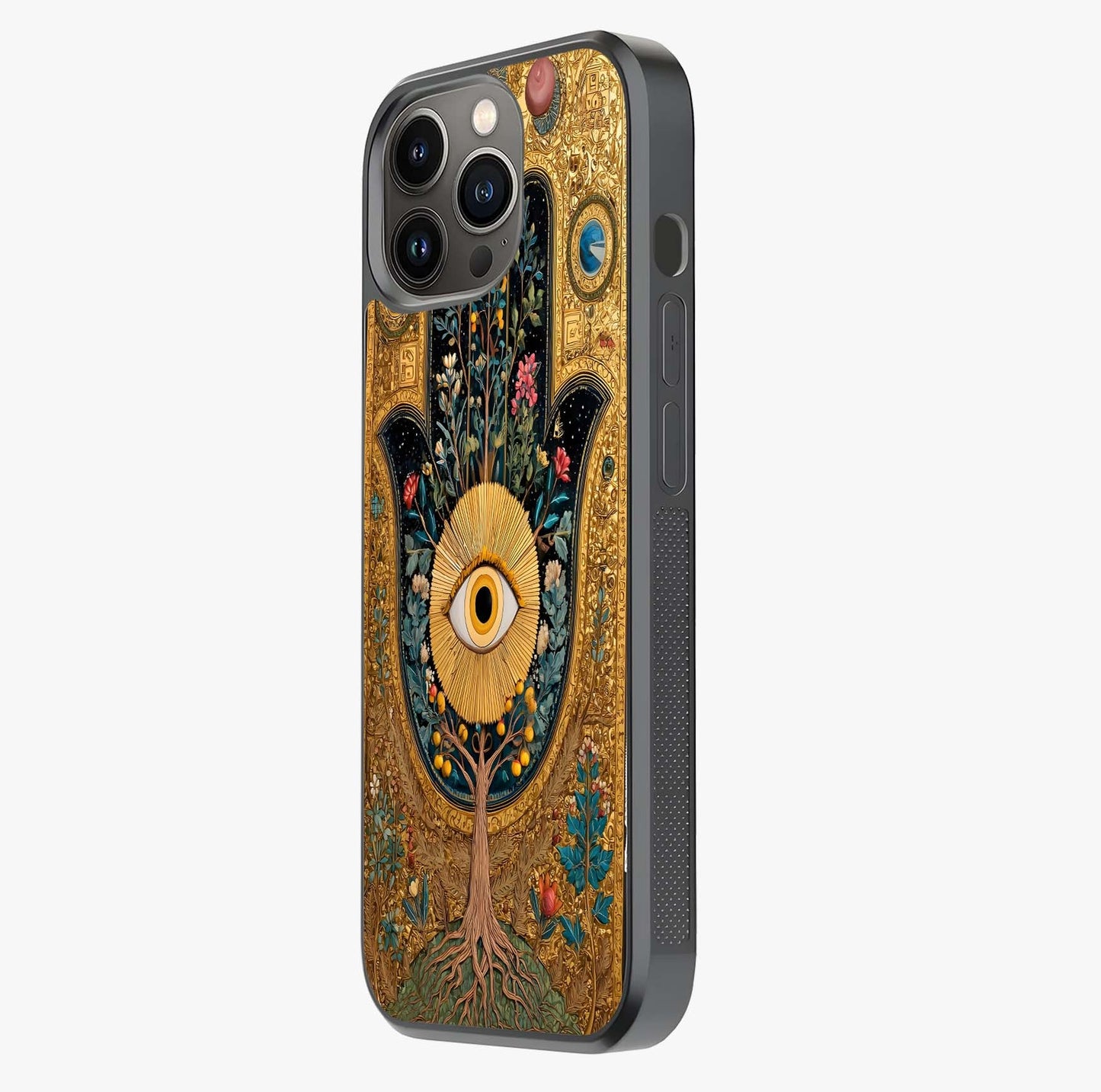 Ethereal Evil Eye Glass Case photographed in natural light showing reflective finish and design depth.