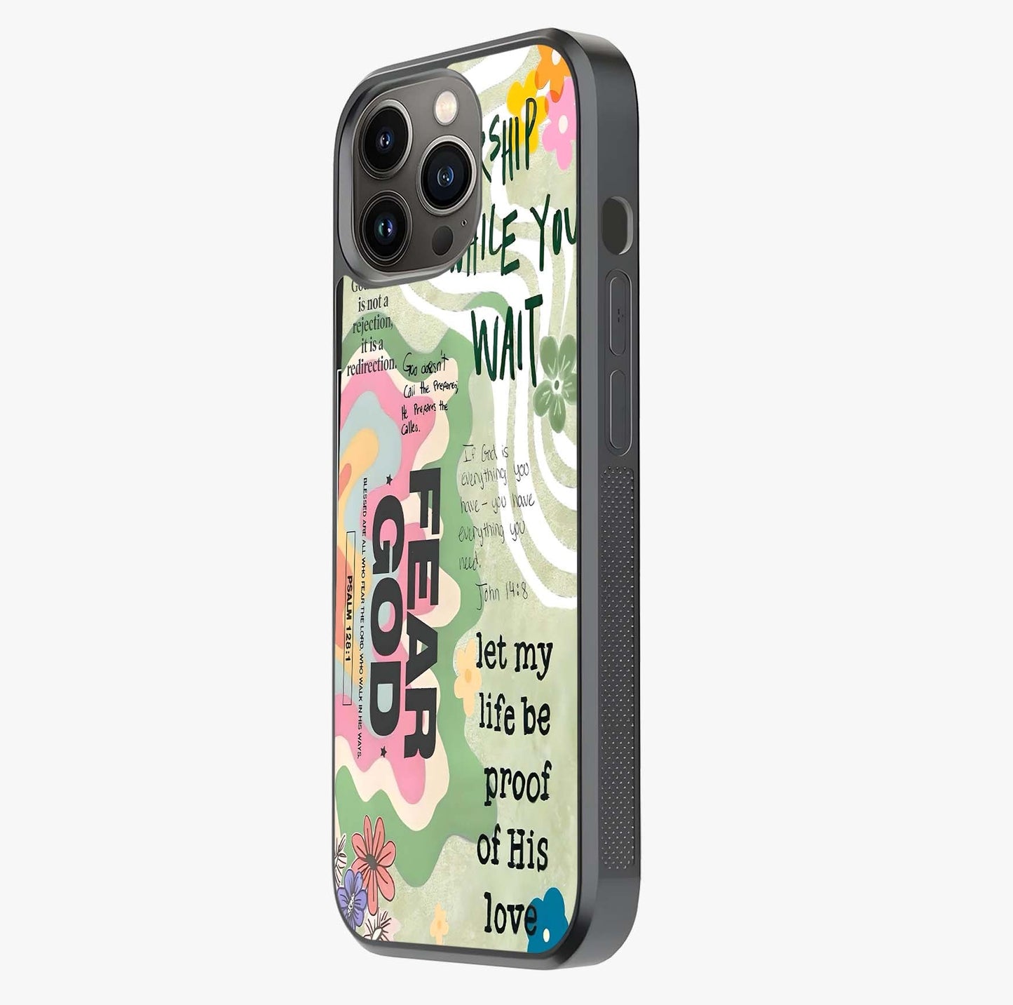 Faith Over Fear Glass Case photographed in natural light showing reflective finish and design depth.