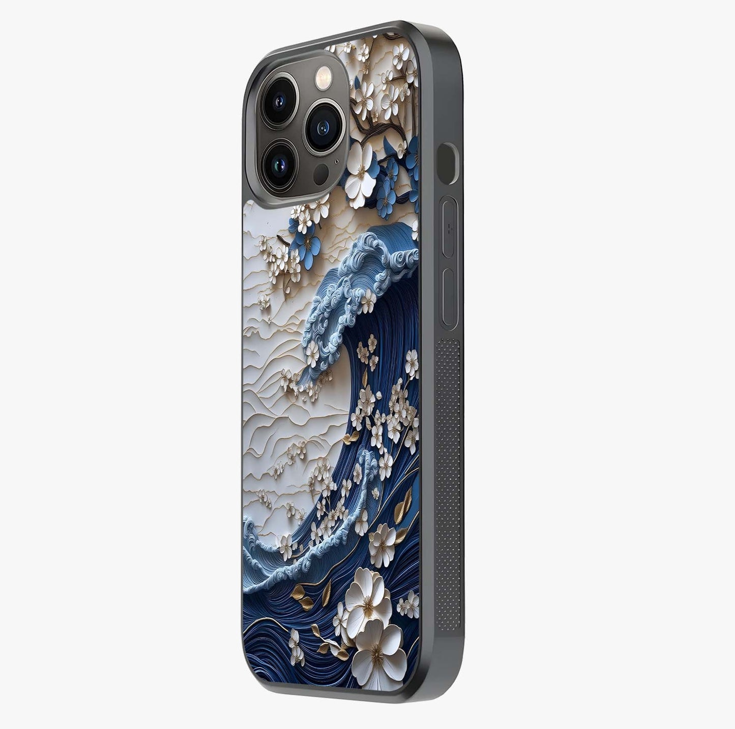 Floral Wave Origami Glass Case photographed in natural light showing reflective finish and design depth.