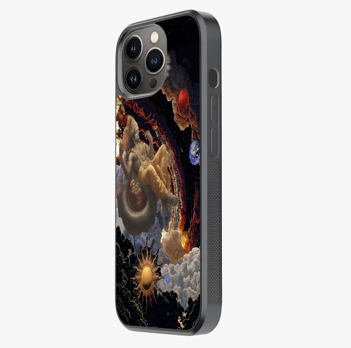 Galactic Divine God Glass Case photographed in natural light showing reflective finish and design depth.