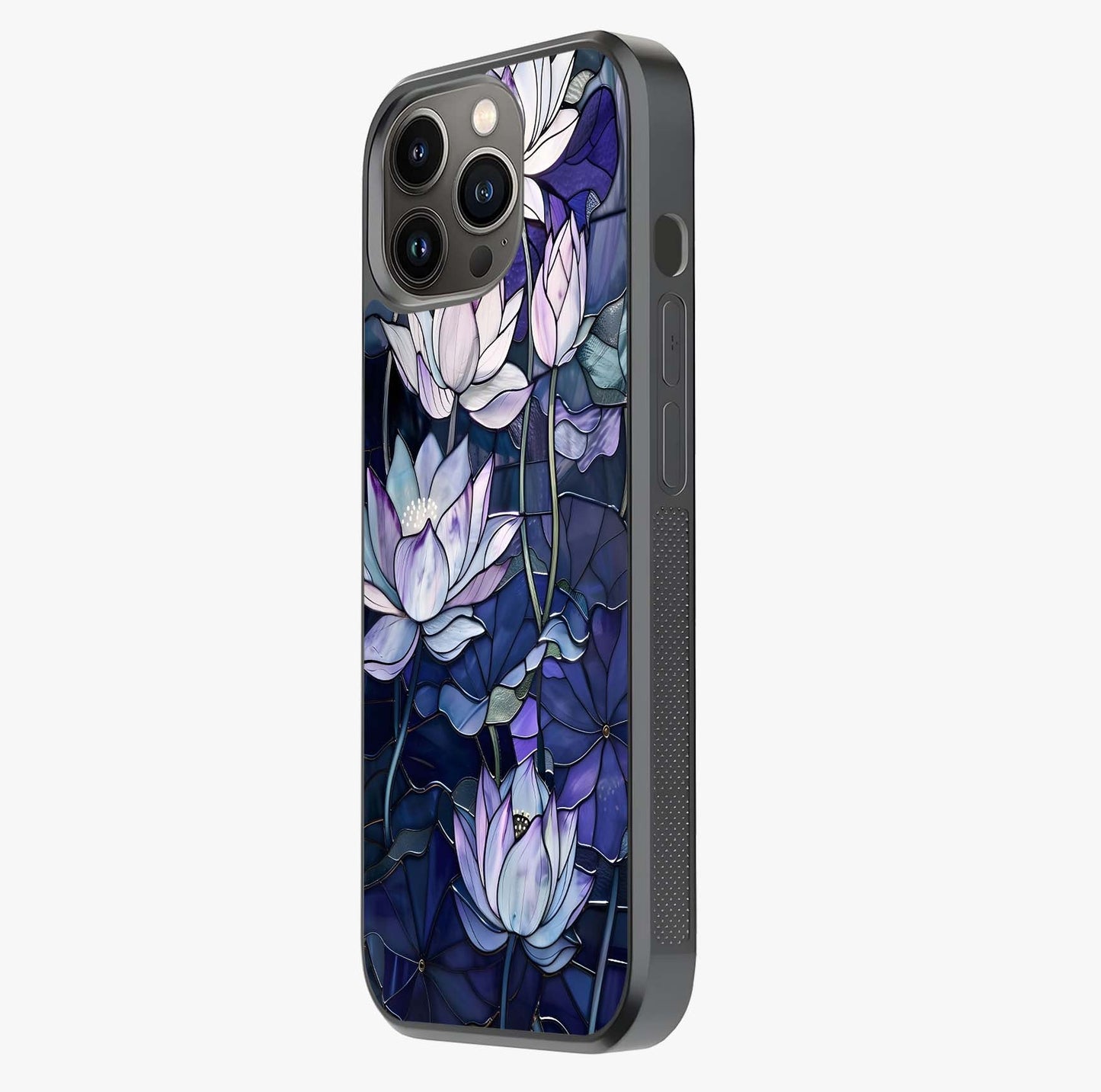 Gloss Petal Rush Glass Case photographed in natural light showing reflective finish and design depth.