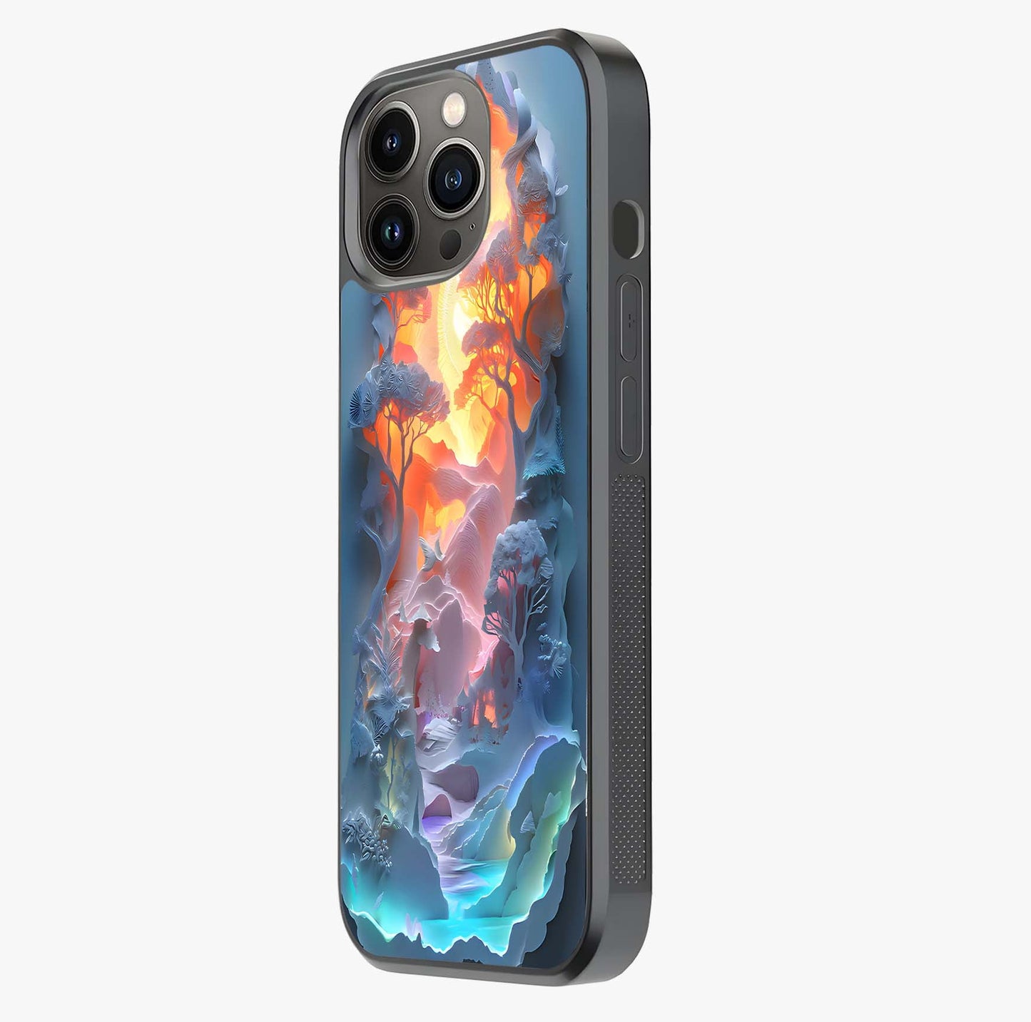 Glow Forest Portal Glass Case photographed in natural light showing reflective finish and design depth.