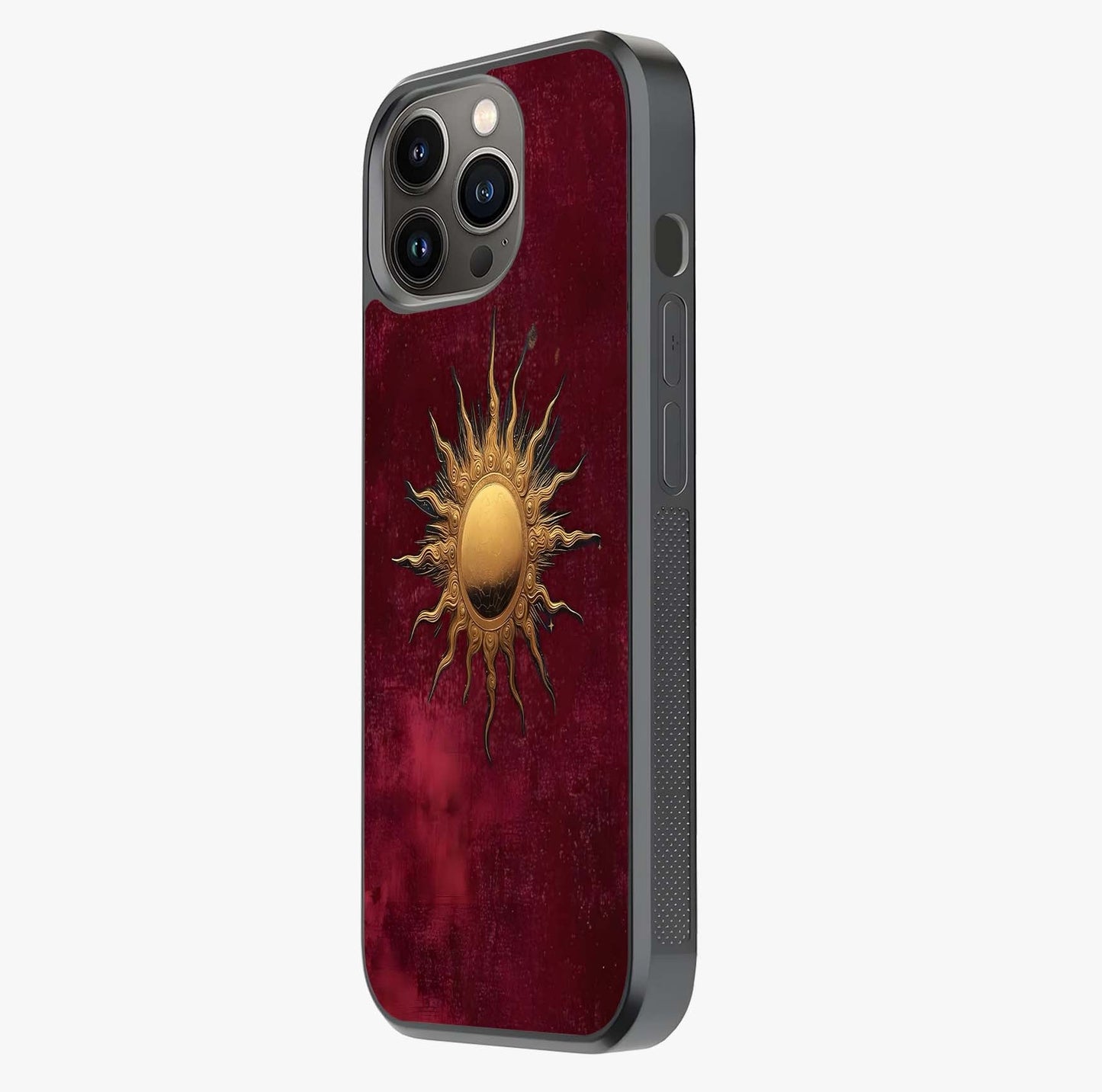 Gold Sun Blush Glass Case photographed in natural light showing reflective finish and design depth.