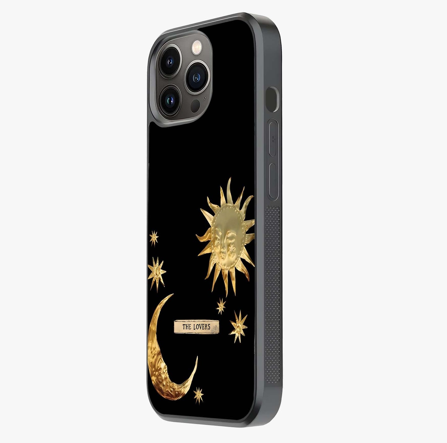 Golden Celestial Charm Glass Case photographed in natural light showing reflective finish and design depth.