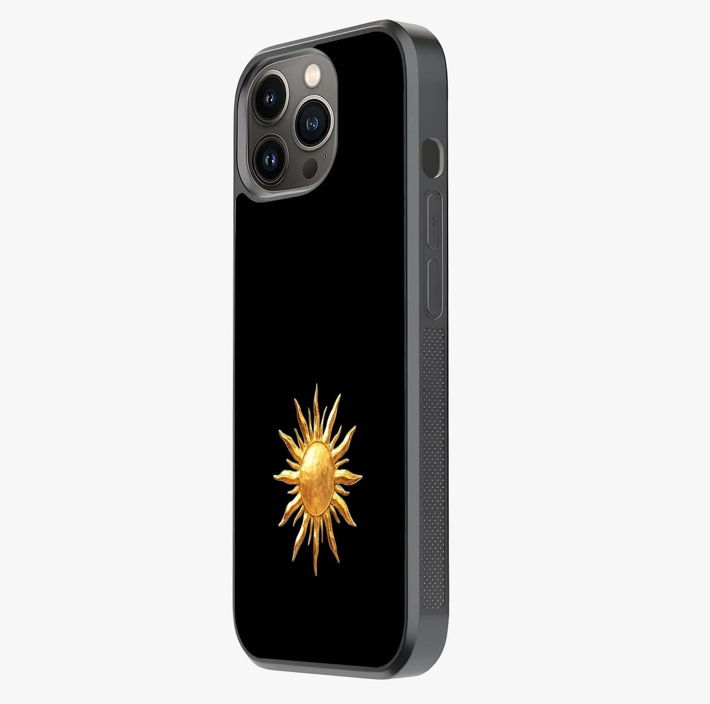Golden Sun Minimalism Glass Case photographed in natural light showing reflective finish and design depth.