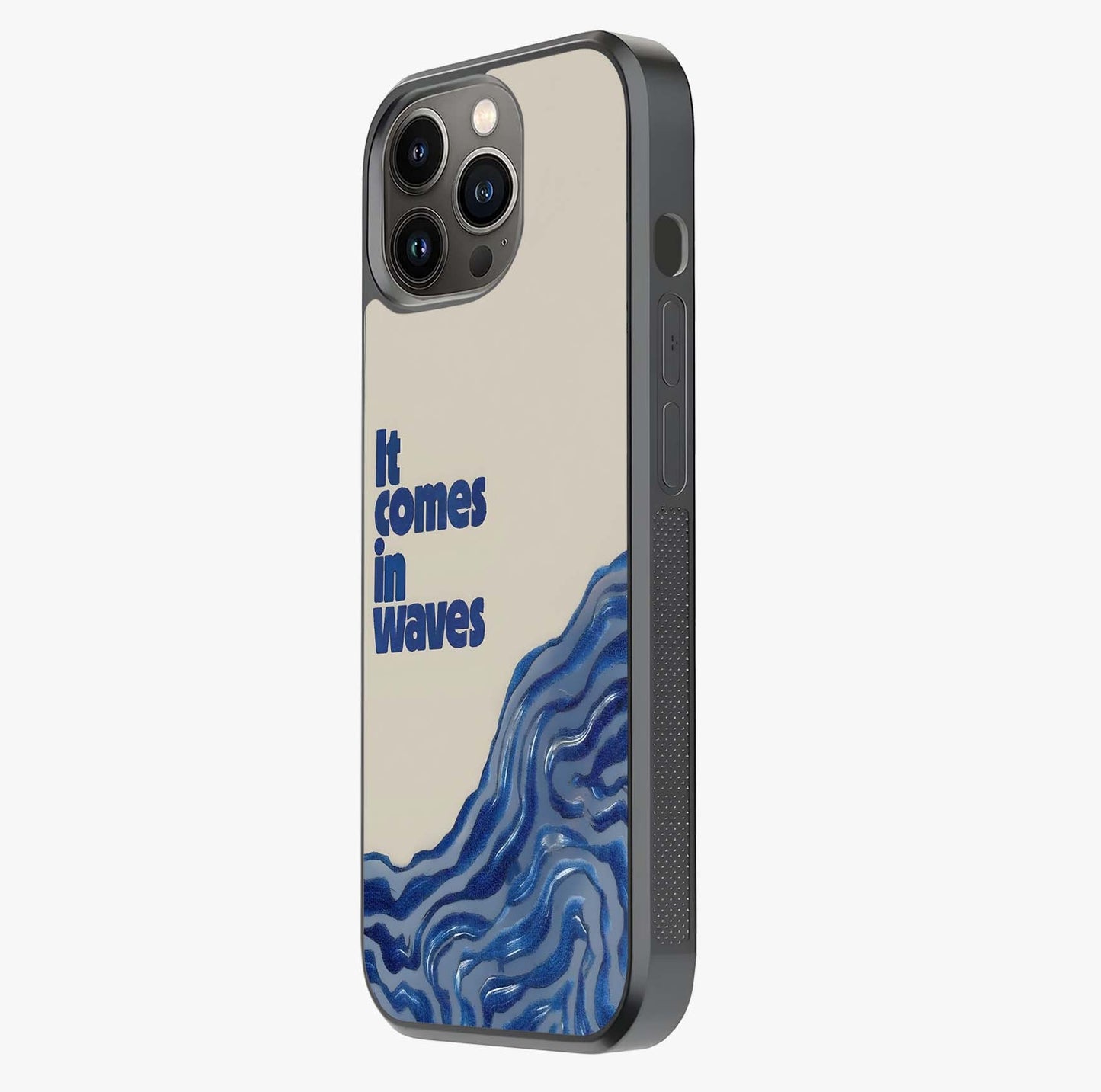 It Comes In Waves Quote Glass Case photographed in natural light showing reflective finish and design depth.