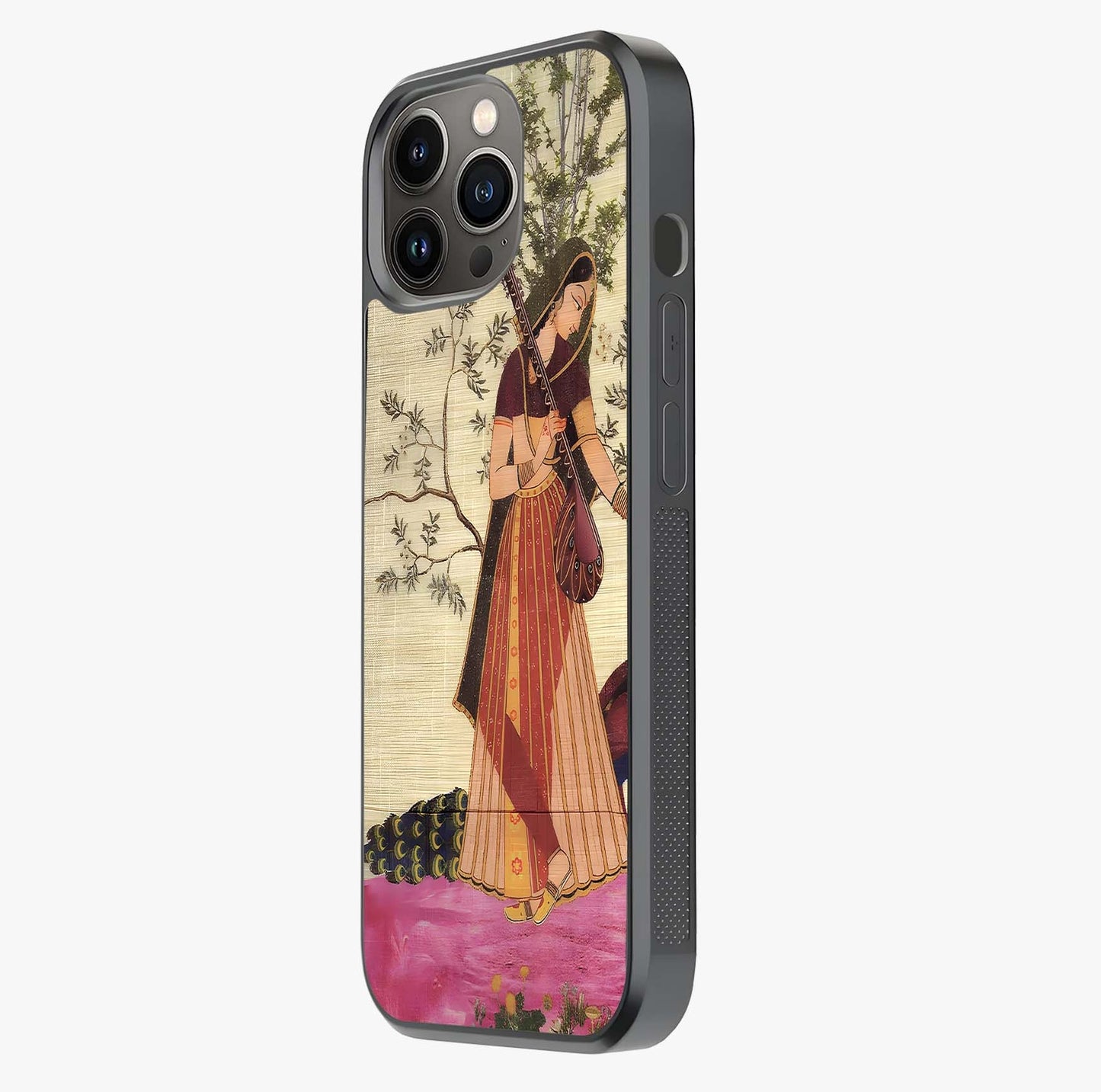 Lady With Veena Art Glass Case photographed in natural light showing reflective finish and design depth.