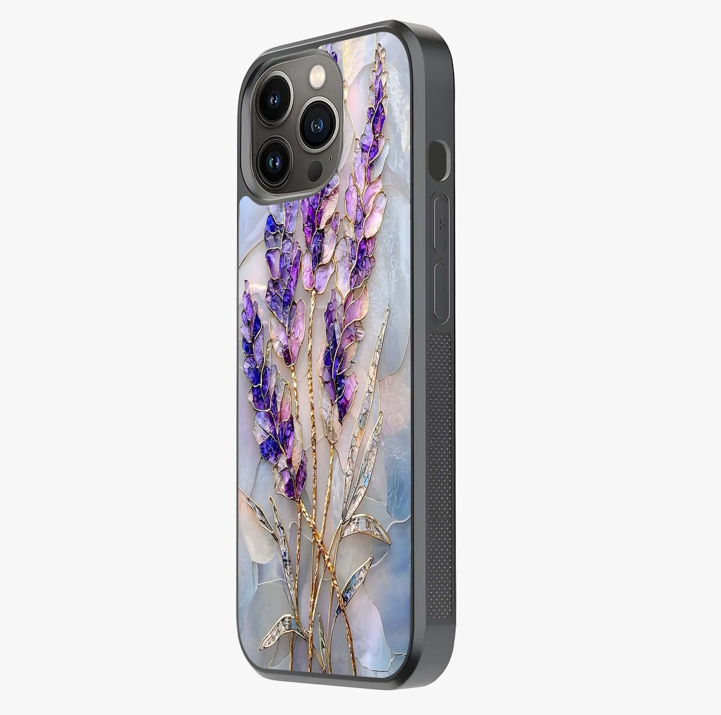 Lavender Dream Glow Glass Case photographed in natural light showing reflective finish and design depth.