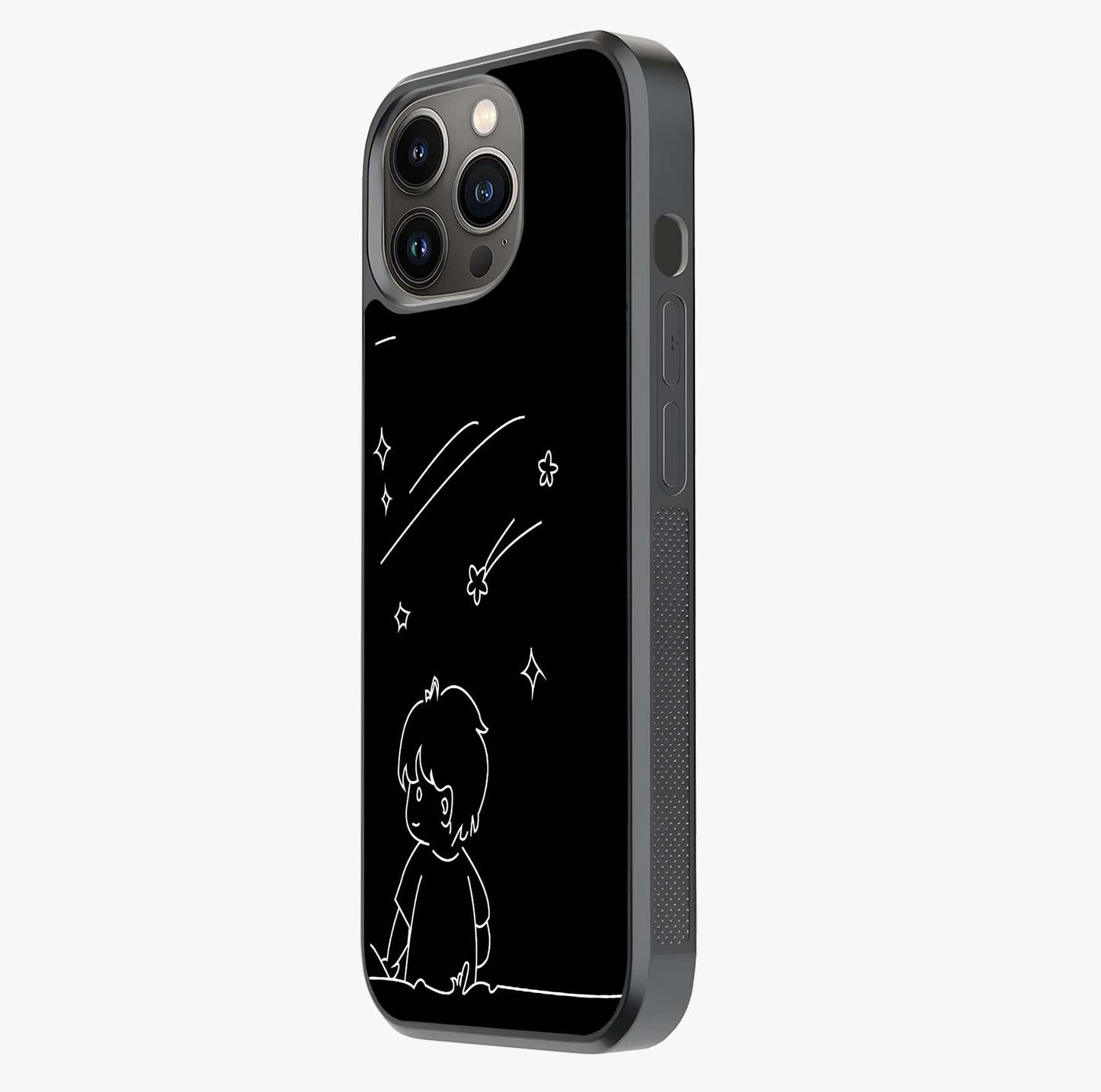 Line Art Boy With Shooting Stars Glass Case photographed in natural light showing reflective finish and design depth.