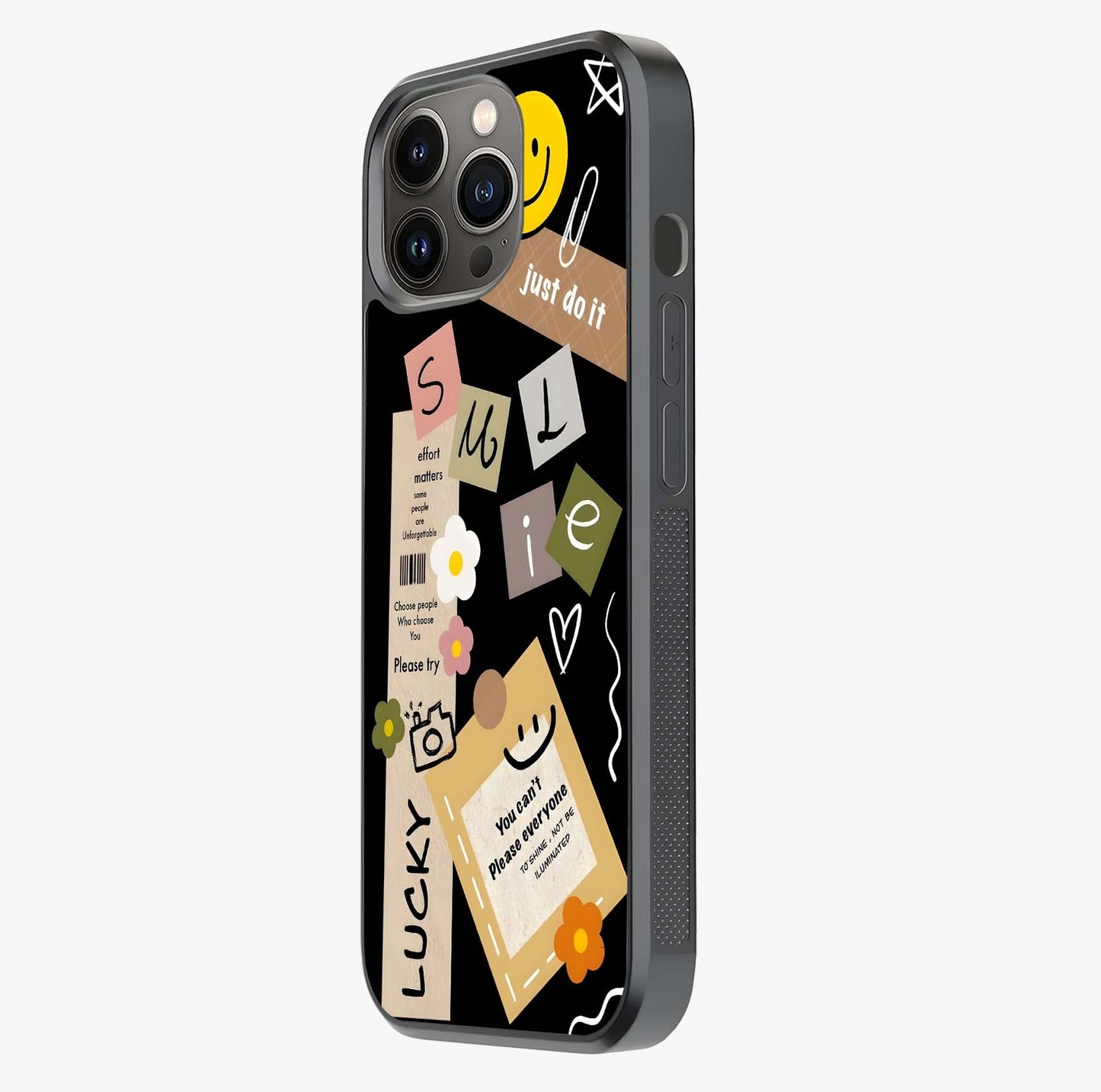 Lucky Aesthetic Collage Glass Case photographed in natural light showing reflective finish and design depth.