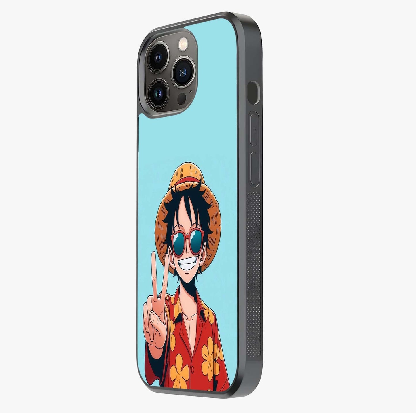 Luffy Summer Anime Vibe Glass Case photographed in natural light showing reflective finish and design depth.