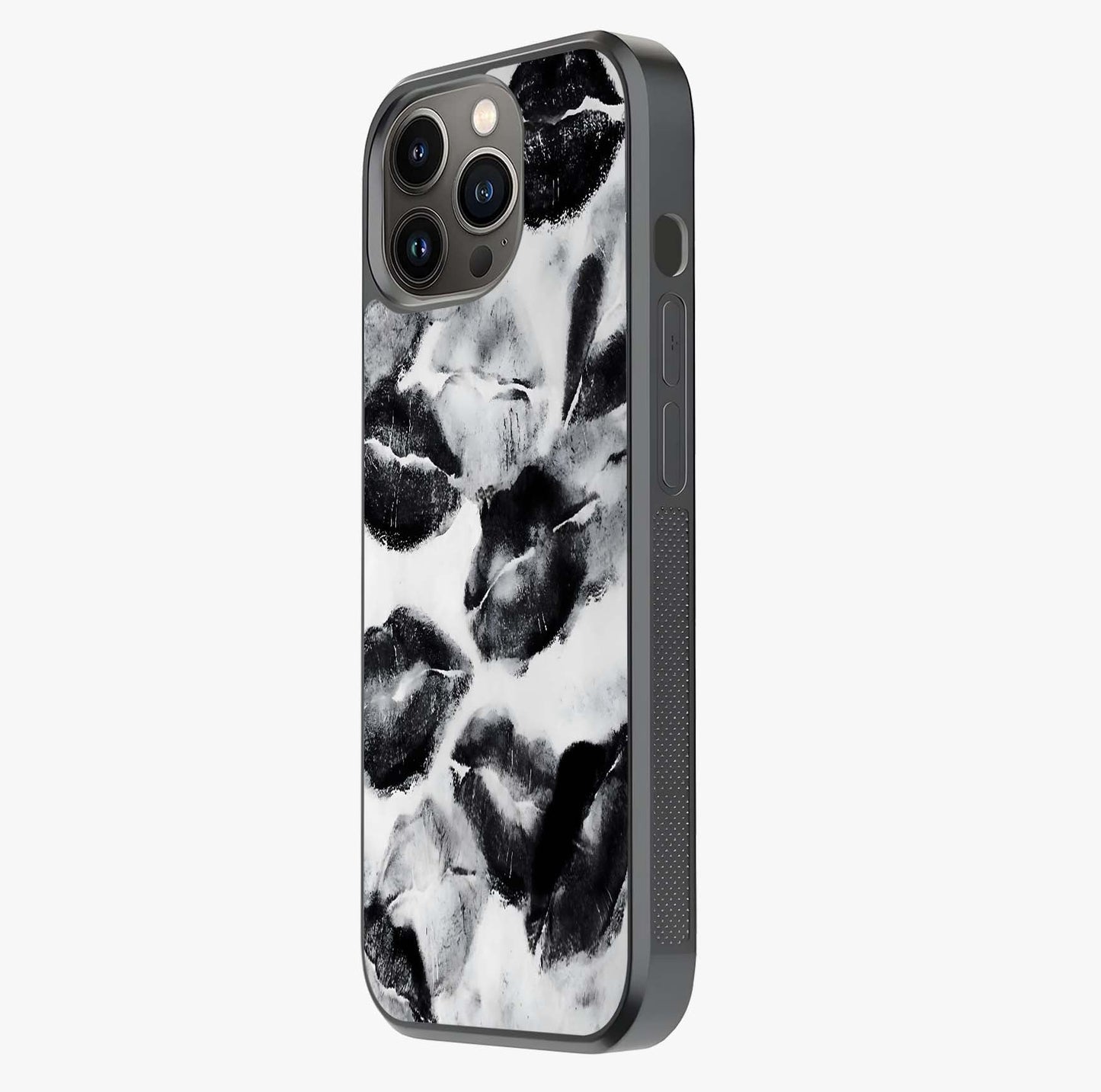 Midnight Kiss Marks Glass Case photographed in natural light showing reflective finish and design depth.