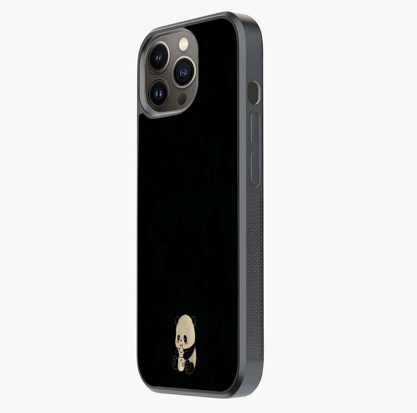 Midnight Panda Love Glass Case photographed in natural light showing reflective finish and design depth.