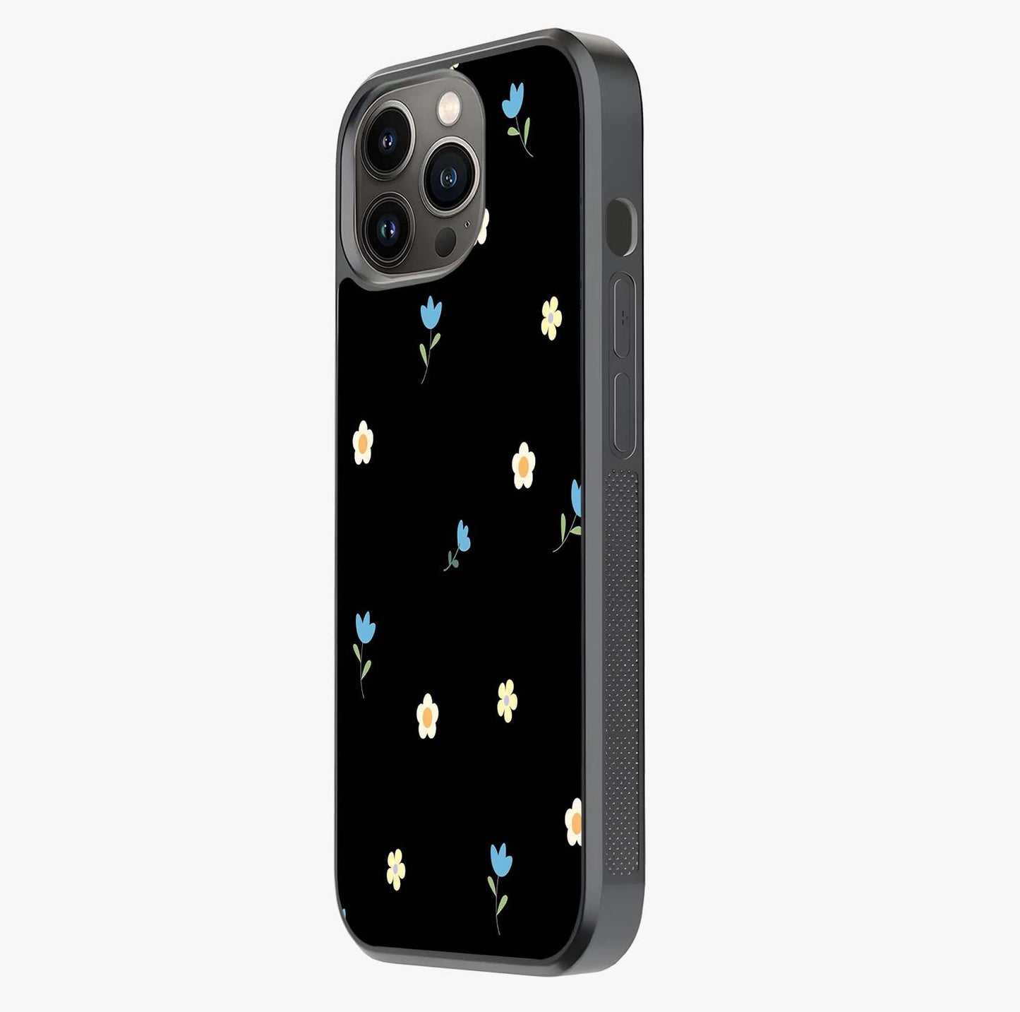 Minimalistic Blue With White Flower Pattern Glass Case photographed in natural light showing reflective finish and design depth.