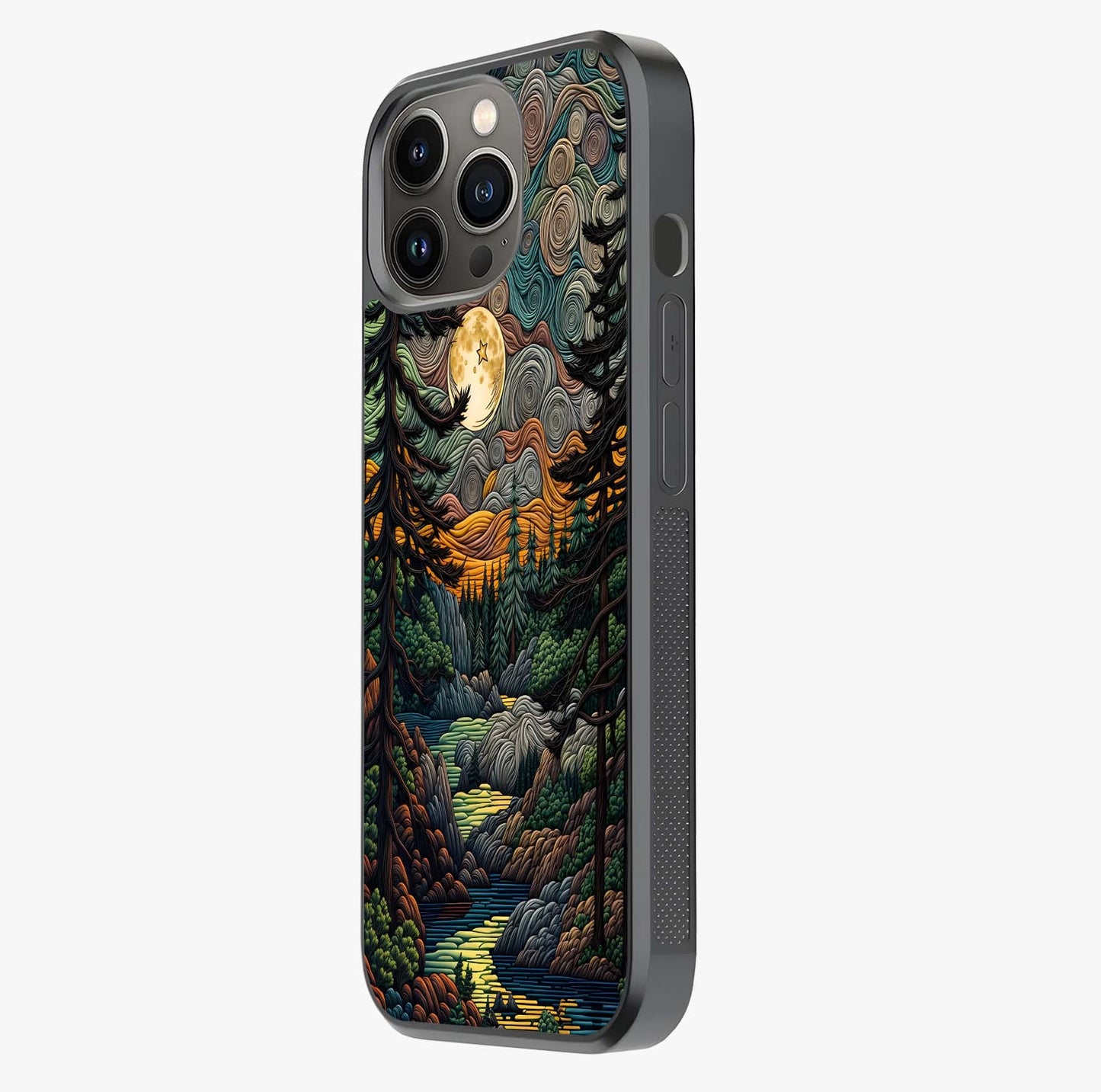 Moonlight Forest Dream Glass Case photographed in natural light showing reflective finish and design depth.