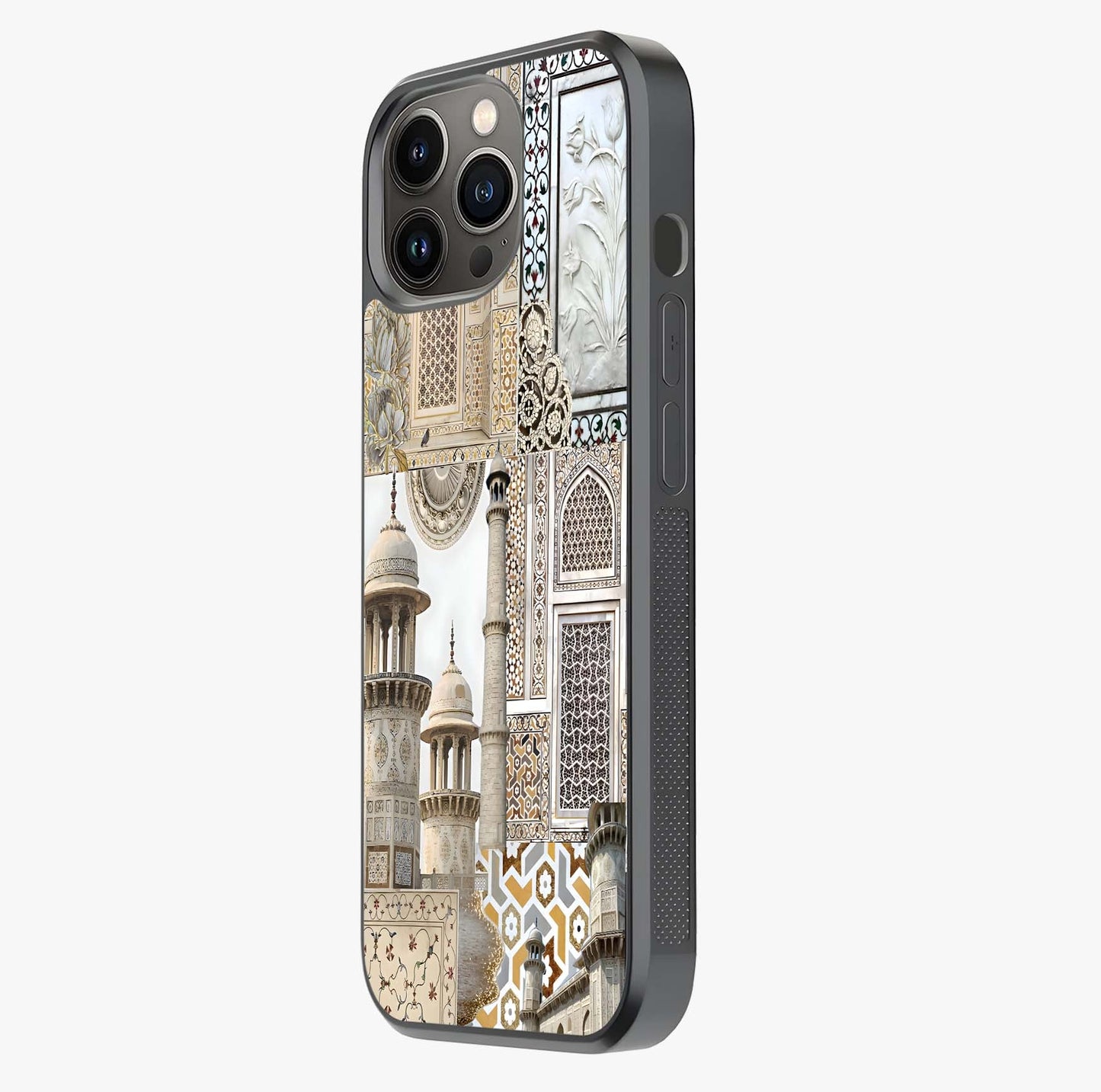 Mughal Marble Legacy Glass Case photographed in natural light showing reflective finish and design depth.
